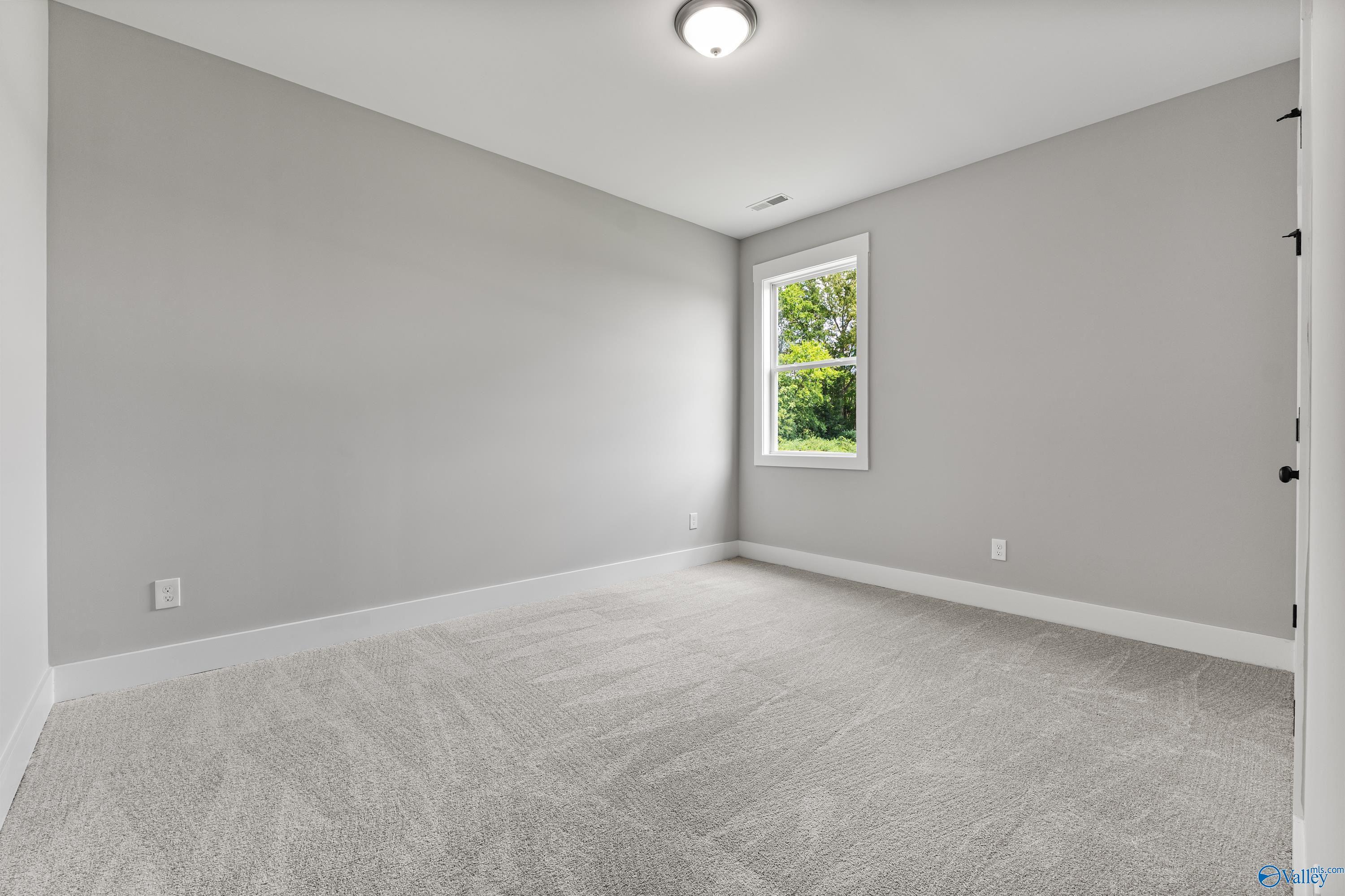 Bright secondary bedroom with gray walls, plush carpet, and window view of trees in Davidson Homes The Arcadia, Huntsville