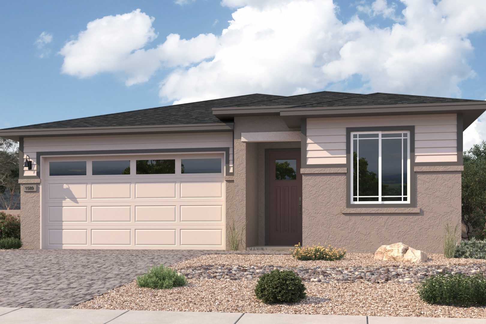 Front elevation of The Frontier II: 1-story Davidson Homes design with 2-car garage, beige siding, desert landscaping in Prescott, Arizona