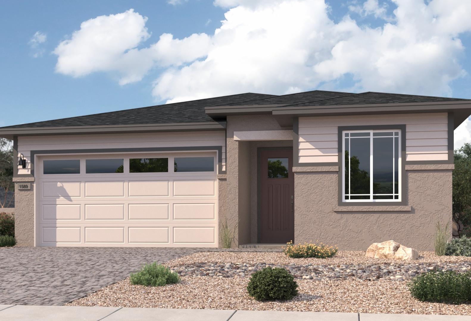 Front elevation of The Frontier II: 1-story Davidson Homes design with 2-car garage, beige siding, desert landscaping in Prescott, Arizona