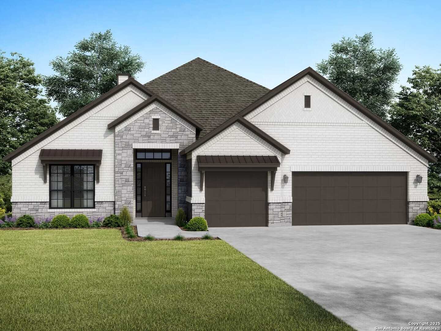 Modern single-story 4-bedroom home with stone accents, 3-car garage, and landscaped yard in Ladera, San Antonio, Texas by Davidson Homes The Garner B