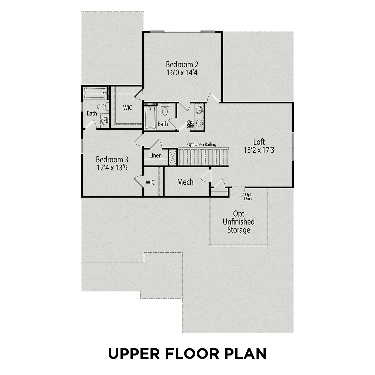 Upper floor layout of The Cypress C II showcasing bedrooms, loft, baths, linen closets, and unfinished storage