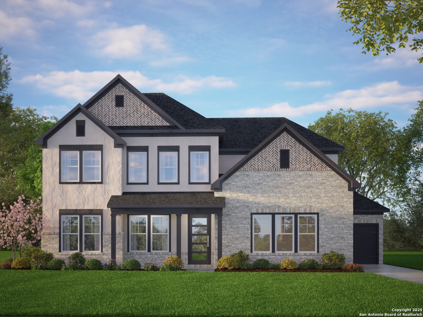 Elegant 2-story beige brick home with dark trim, 2-car garage, front porch, and lush landscaping in Potranco Oaks, Castroville, Texas