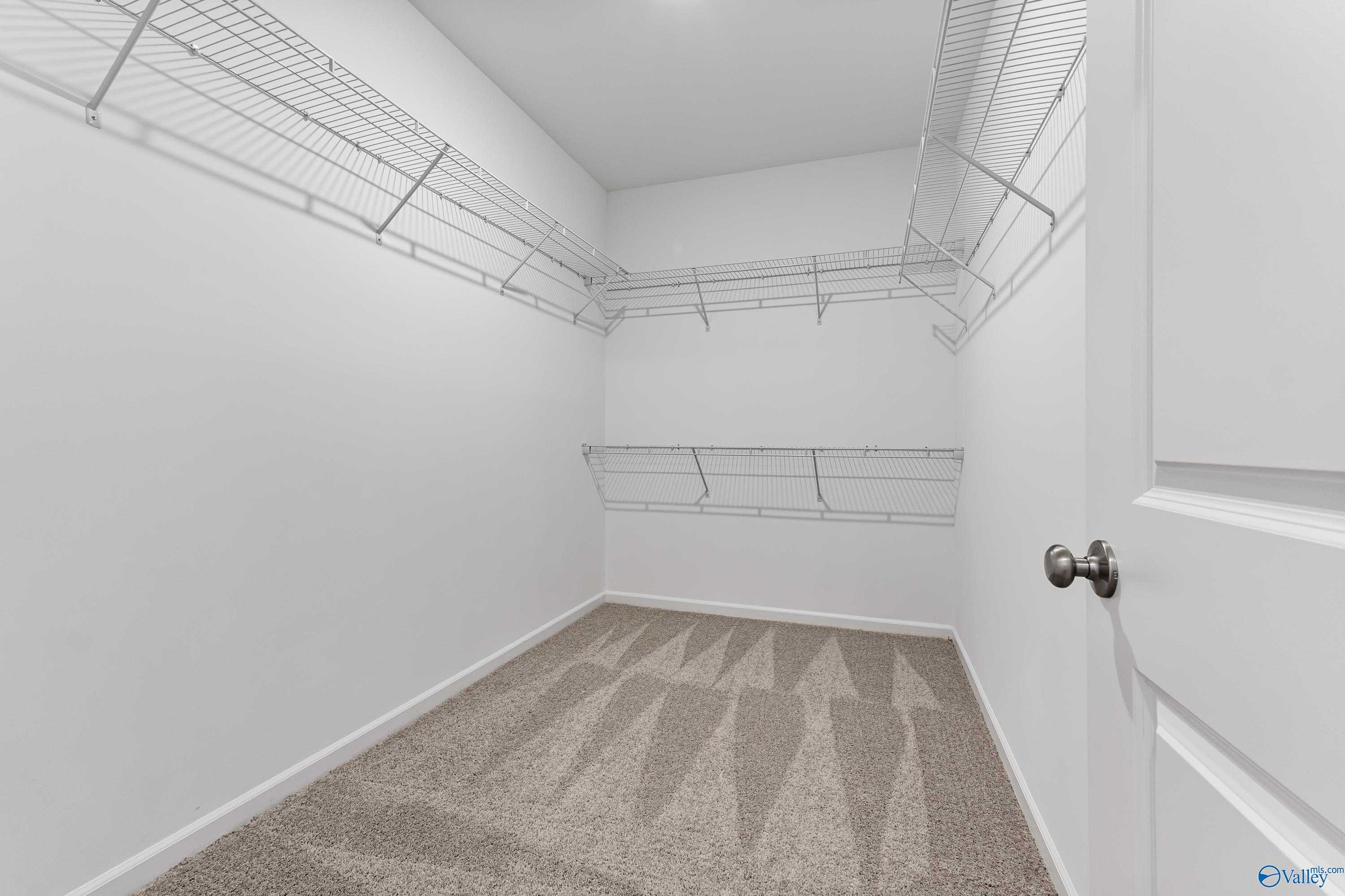 Spacious walk-in closet with wire shelving and carpeted floor in Davidson Homes The Aurora, Fayetteville, Tennessee