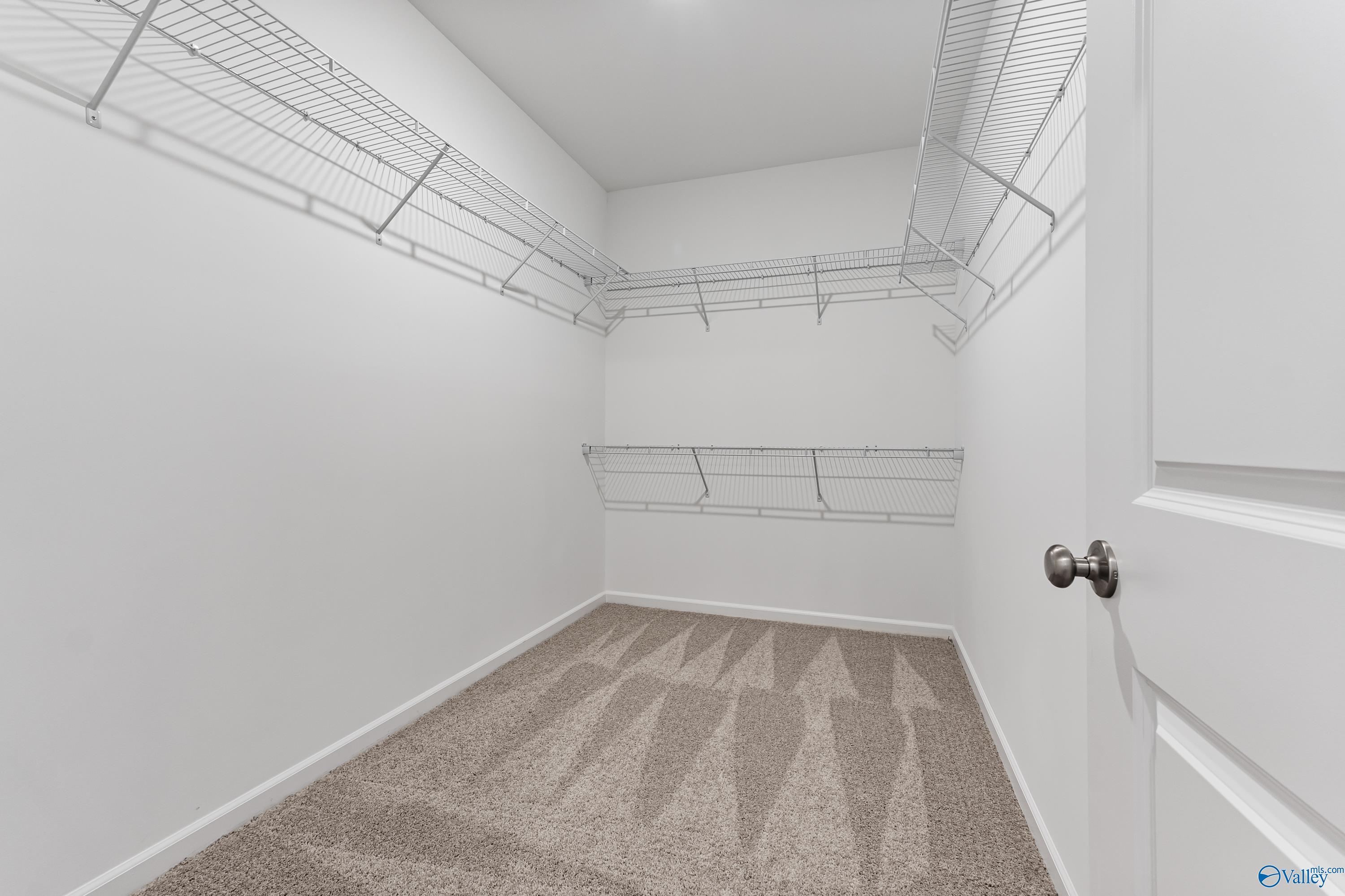 Spacious walk-in closet with wire shelving, white walls, and patterned carpet in Davidson Homes The Aurora, Fayetteville, Tennessee