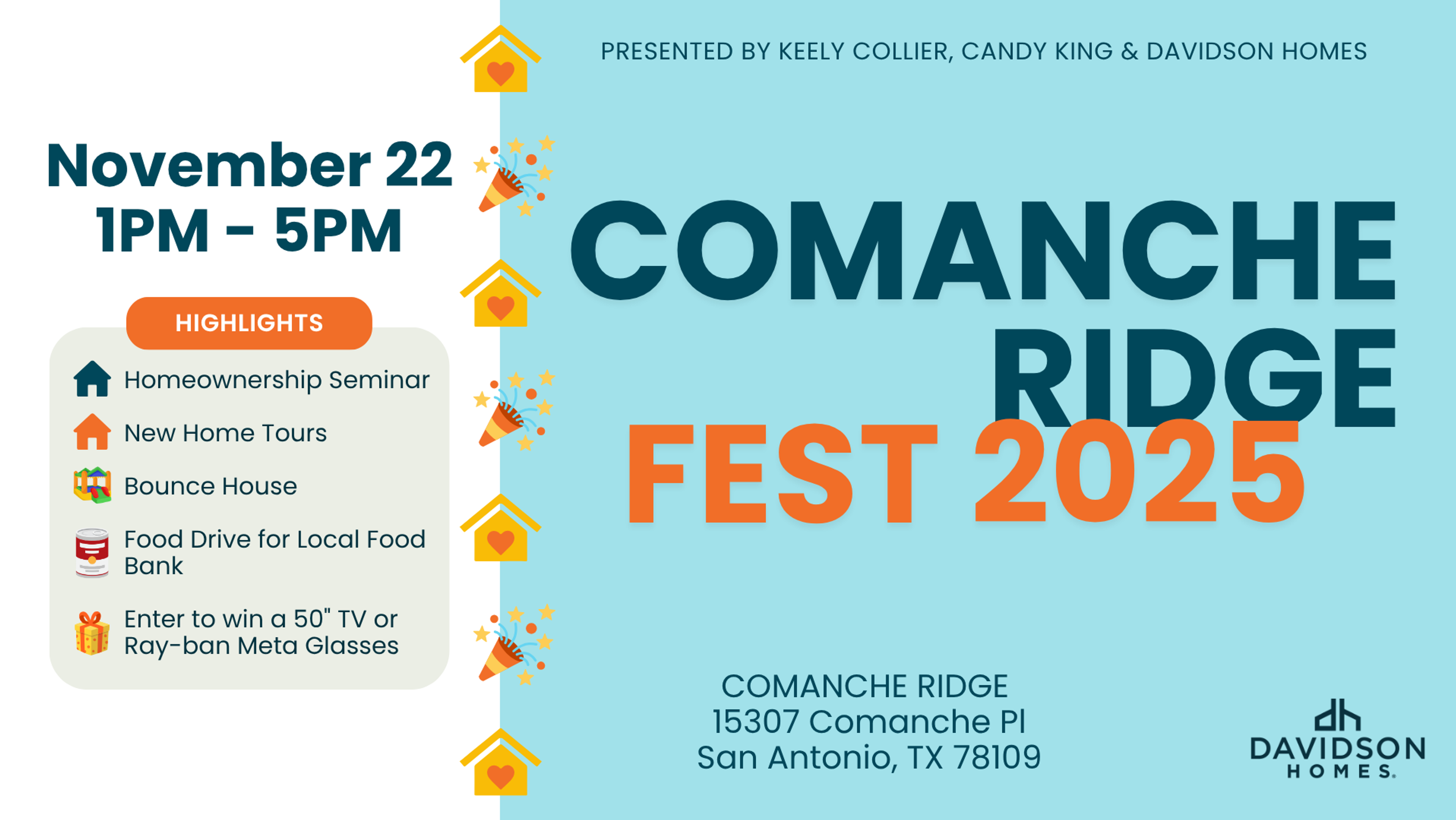 Vibrant poster for Comanche Ridge Fest 2025 by Davidson Homes in San Antonio: new home tours, homeownership seminar, food drive, TV prize draw on Nov 22