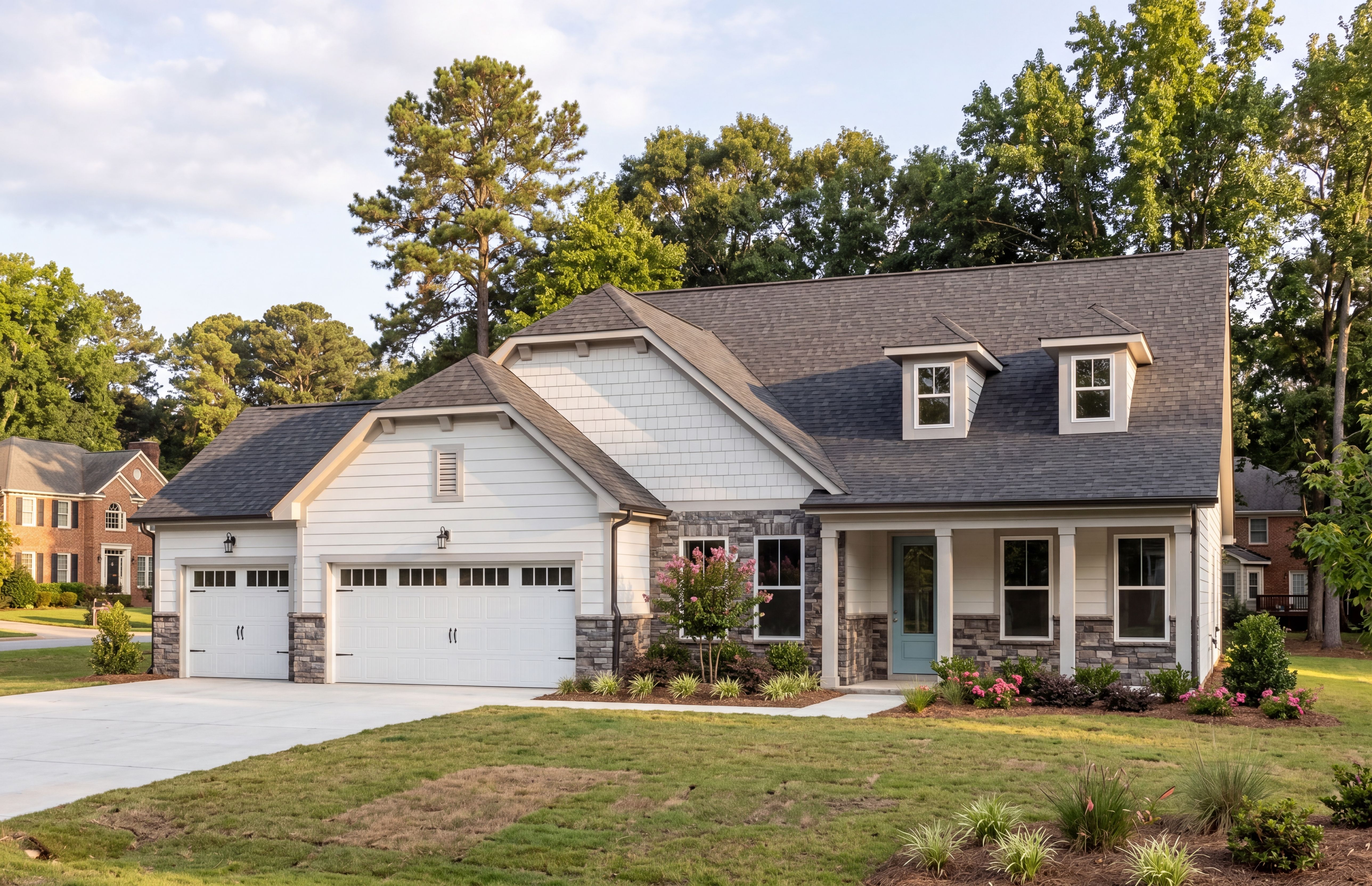 Davidson Homes exterior at Rockport in Wake Forest, NC featuring a three-car garage, stone accents, and front porch.