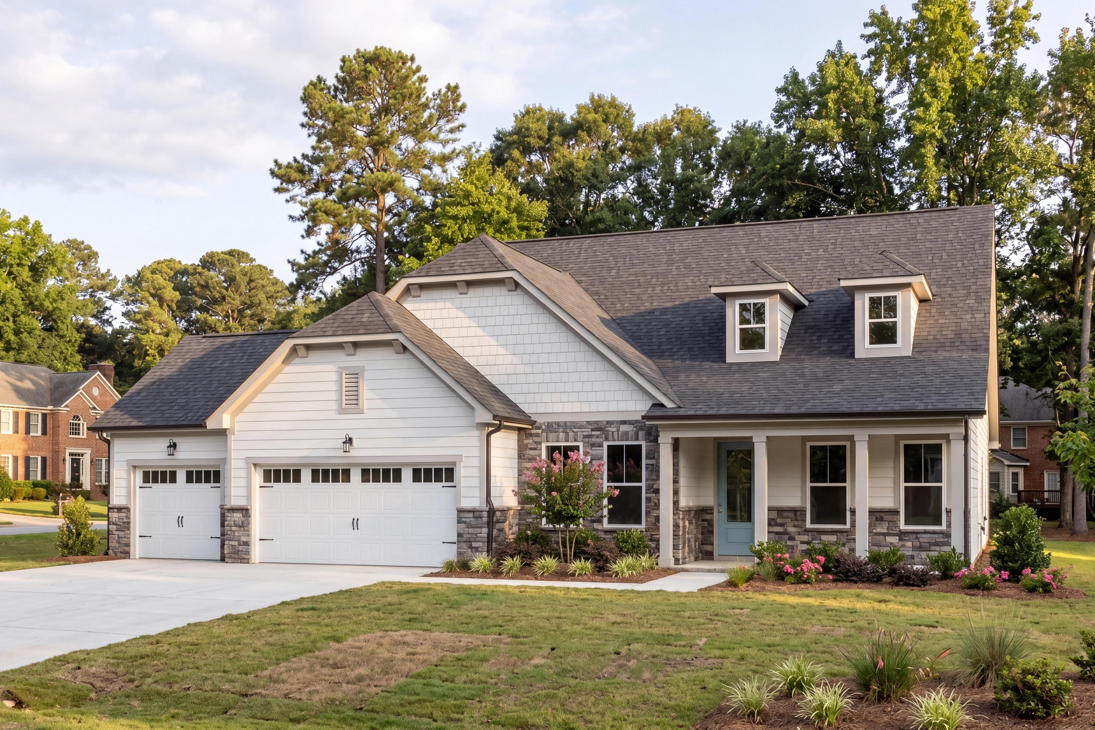 Davidson Homes exterior at Rockport in Wake Forest, NC featuring a three-car garage, stone accents, and front porch.