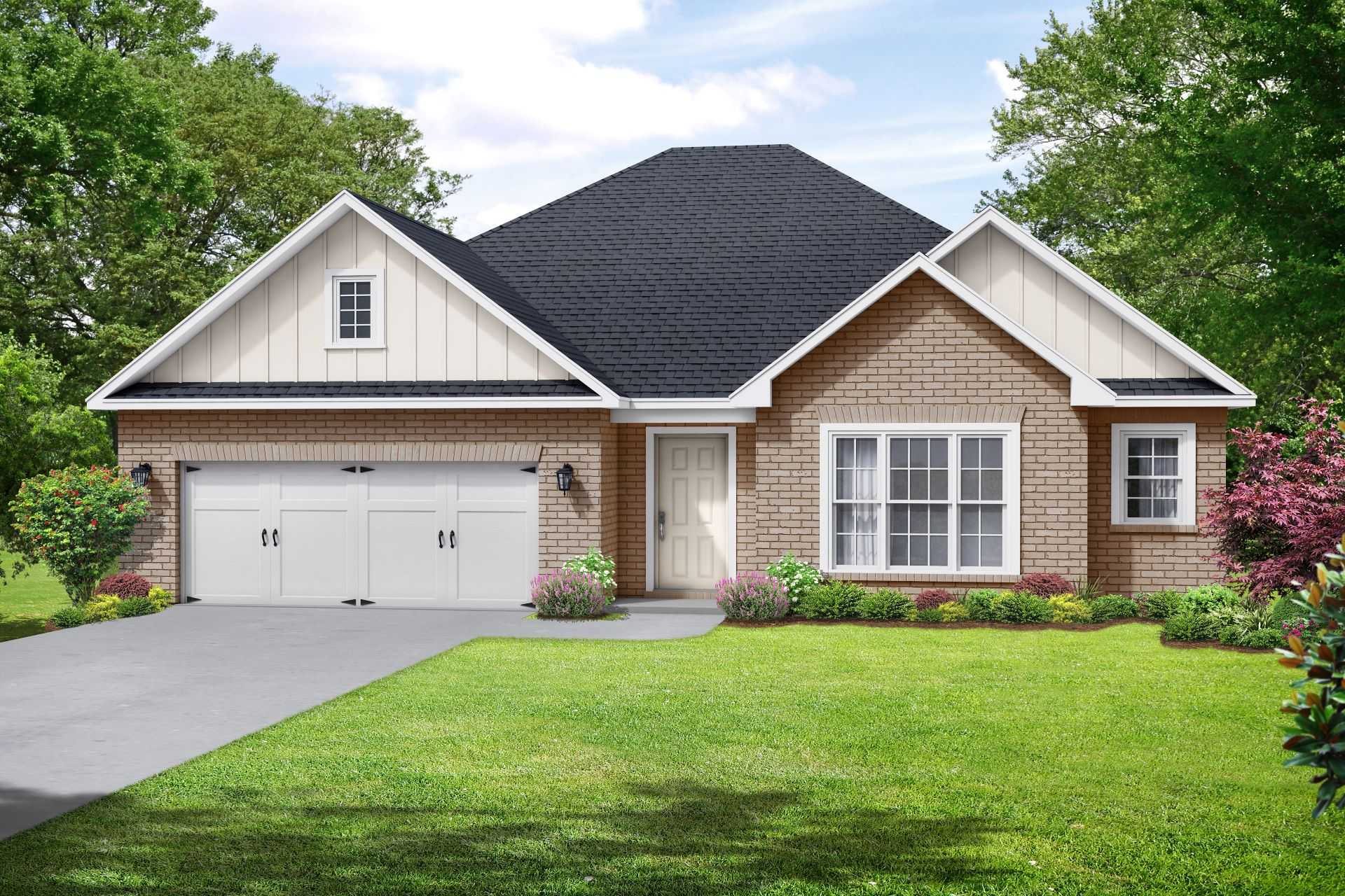 Exterior of the Montgomery C with Bonus, a two-story home with landscaping