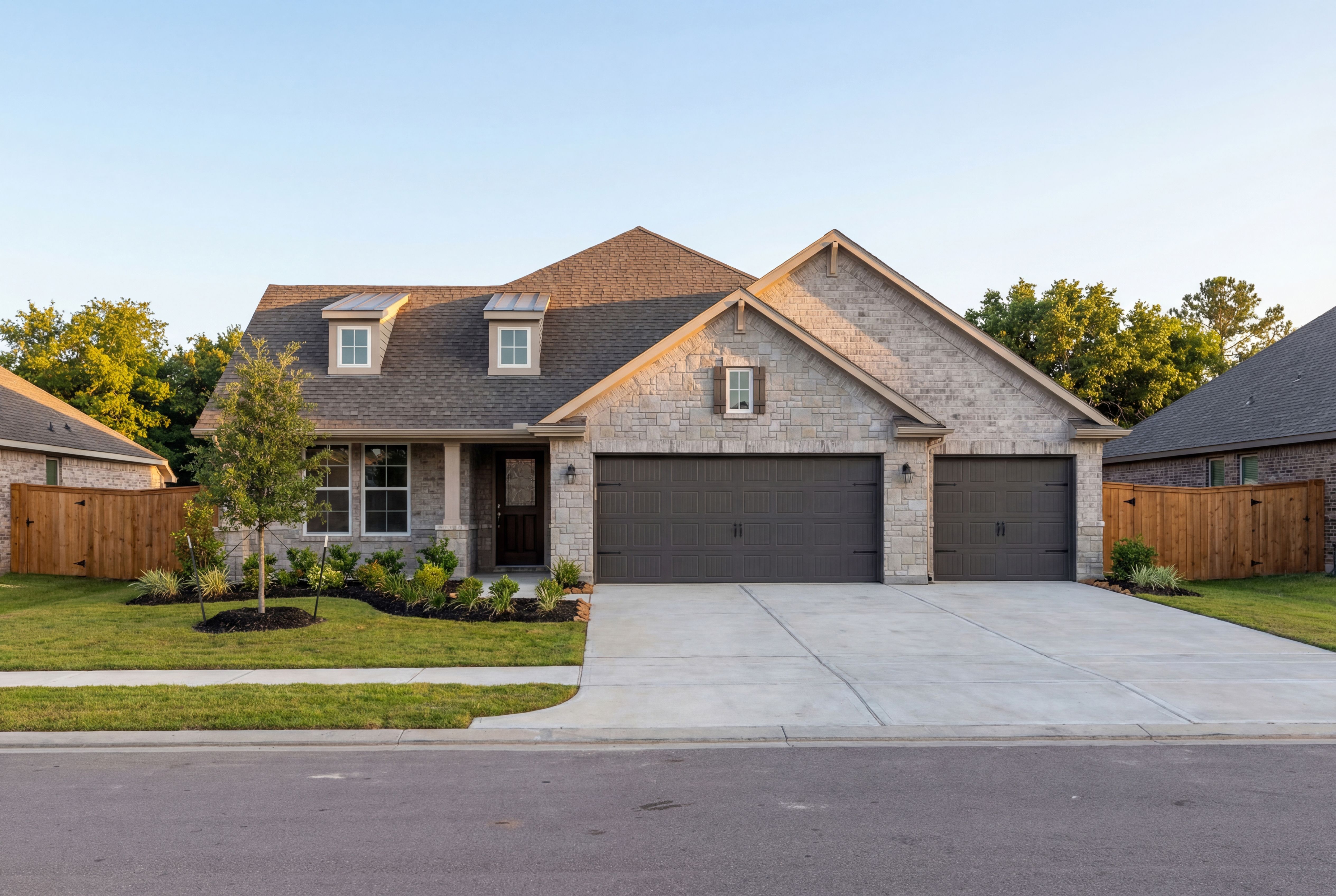 Modern brick single-story elevation of The Elizabeth C home with 3-car garage, dormer windows, and lush landscaping in Rosharon, Texas