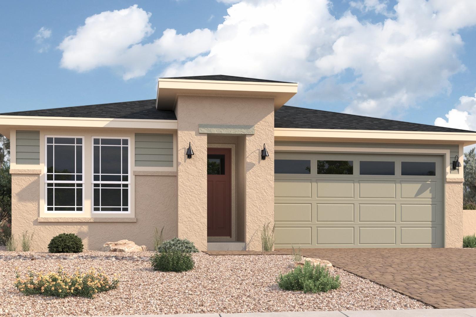 Modern single-story facade of The Boulder II with tan siding, 2-car garage, and desert landscaping in Prescott Arizona