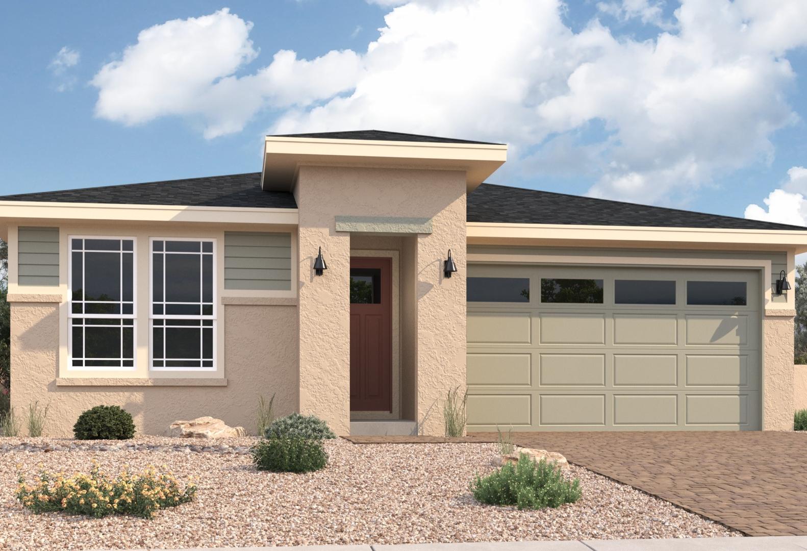 Modern single-story facade of The Boulder II with tan siding, 2-car garage, and desert landscaping in Prescott Arizona