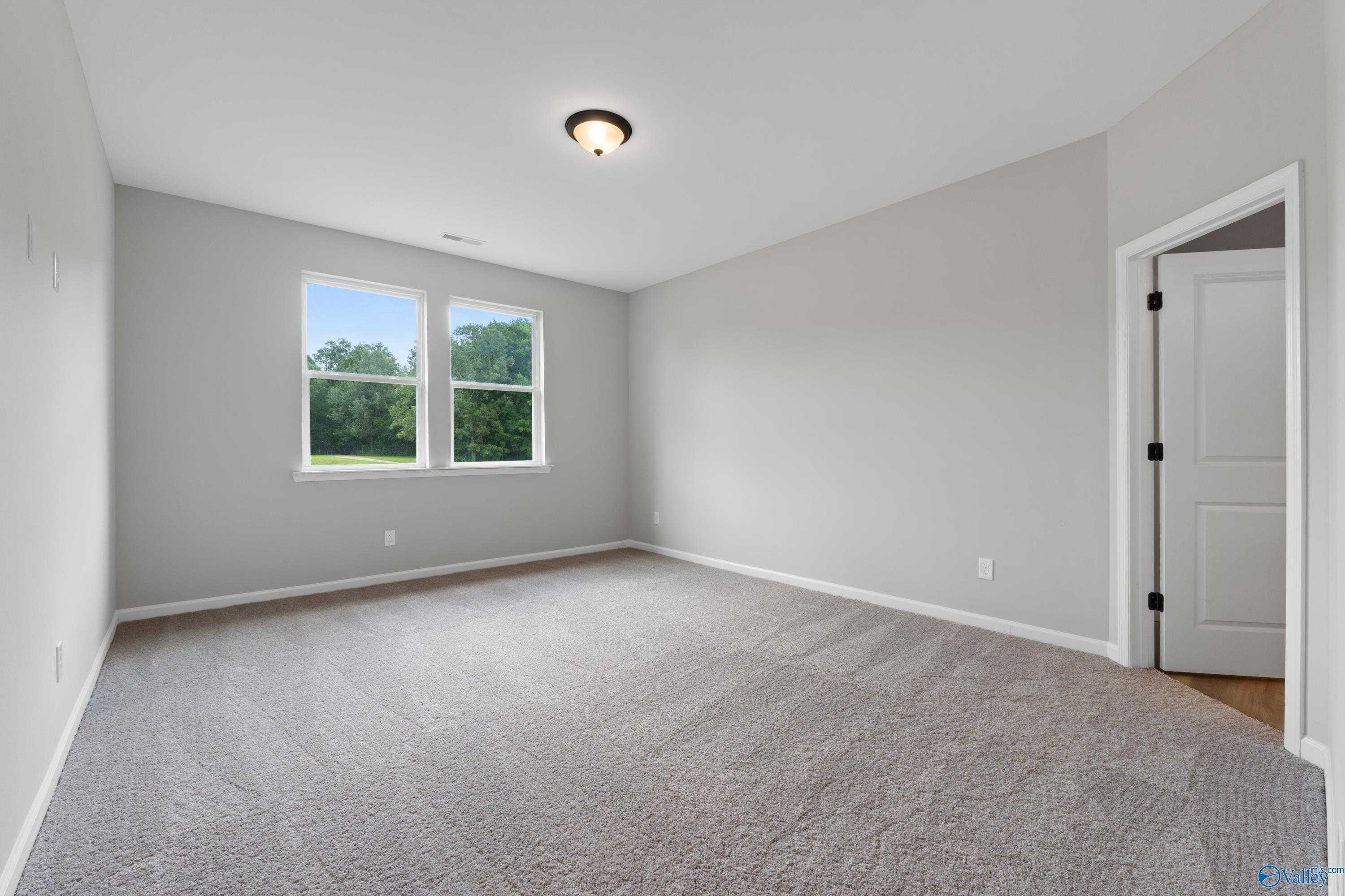 Empty secondary bedroom with light gray walls, carpet flooring, and large windows overlooking greenery in Davidson Homes The Dorado, Huntsville, AL