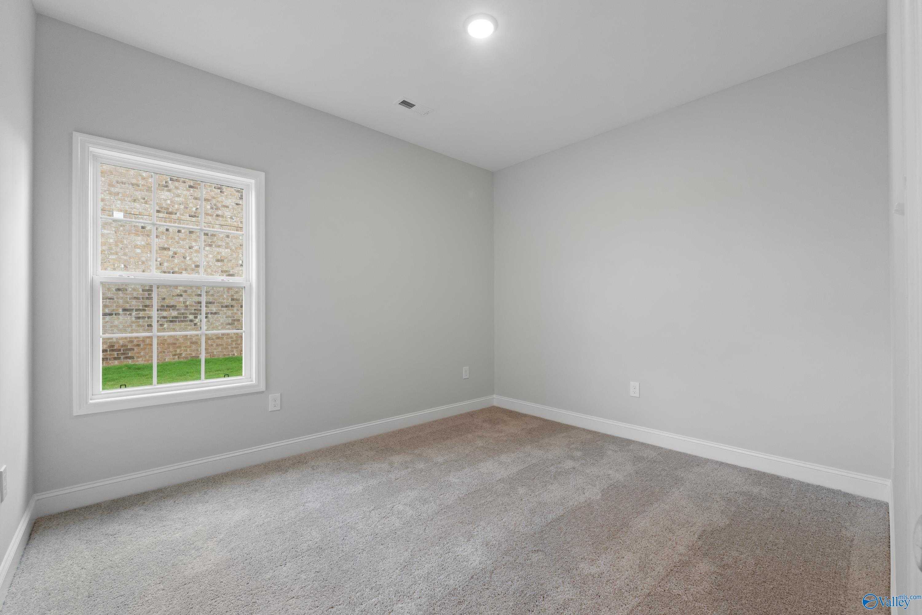 Bright empty bedroom with gray walls, beige carpet, and large window in Davidson Homes The Rockford B, Toney, Alabama