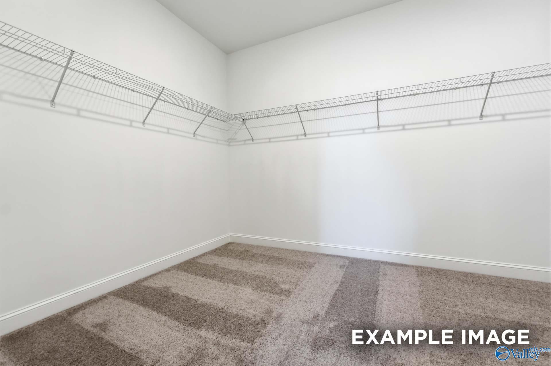 Walk-in closet with wire shelving and carpeted floors in The Valencia floor plan by Davidson Homes in Briercreek.