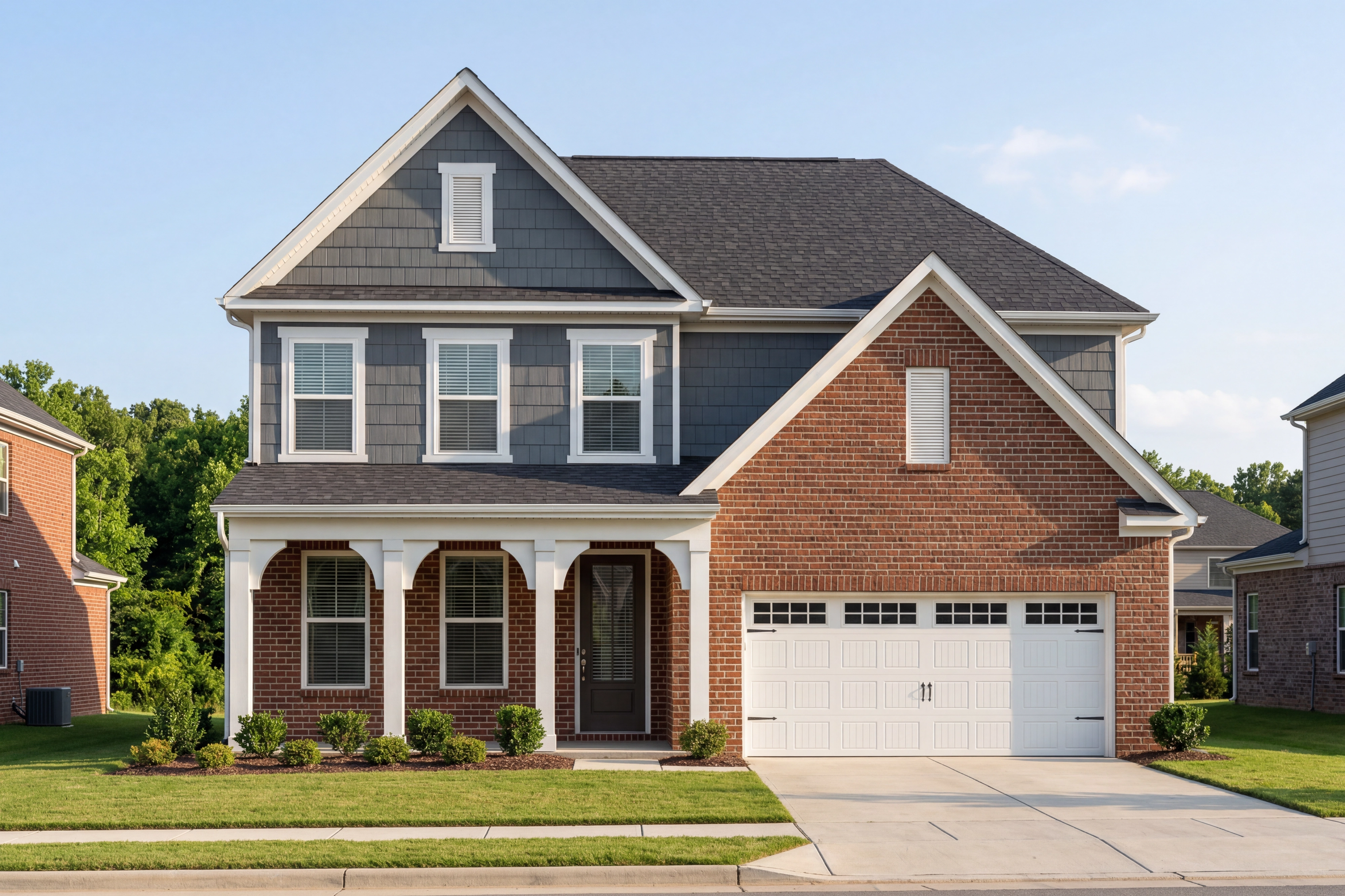 Two-story Ashport G home design by Davidson Homes in Angier NC, brick and vinyl exterior with covered porch and 2-car garage