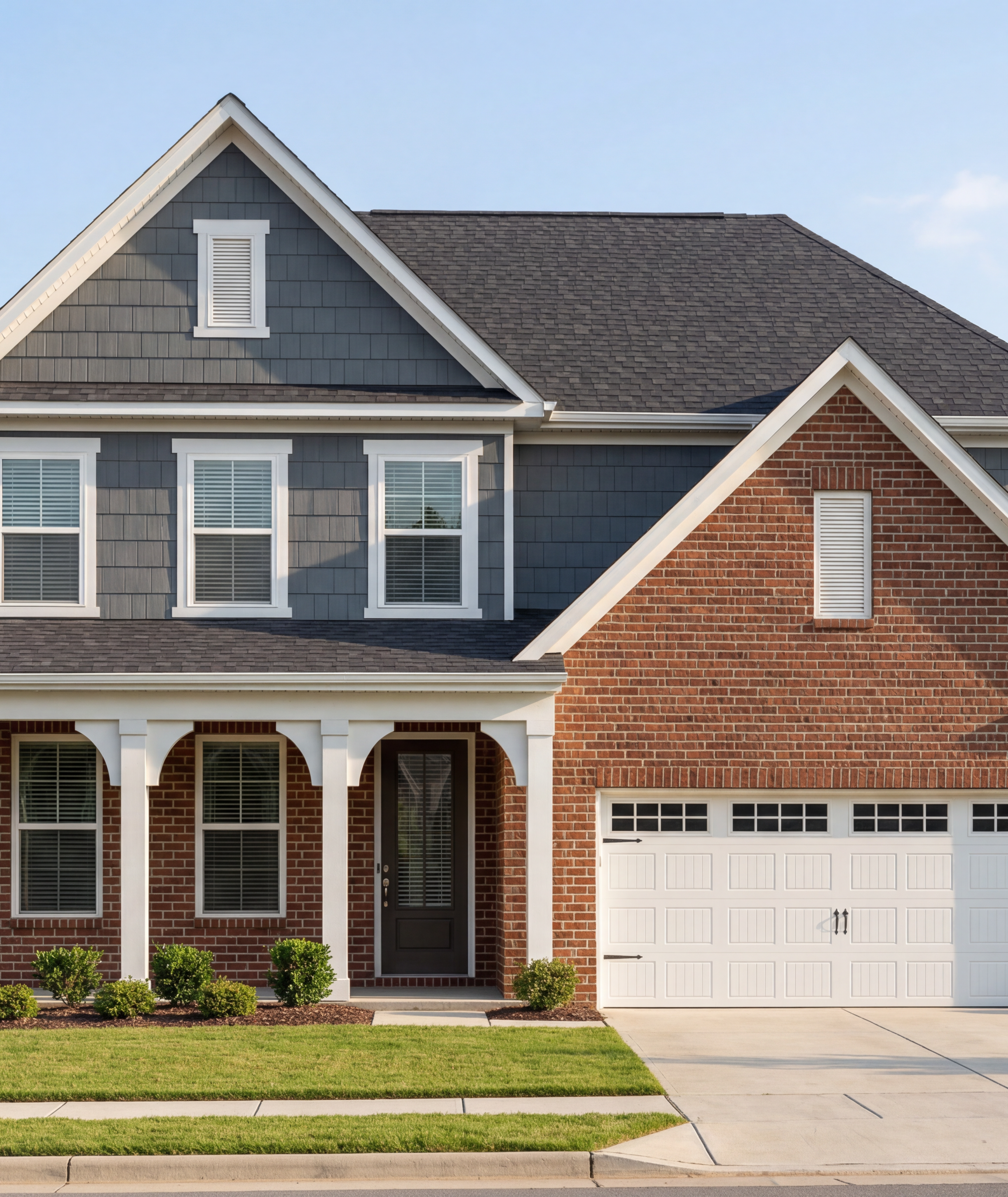 Two-story brick and siding home at Windgate in Mooresville, NC, built by Davidson Homes with a covered front porch.