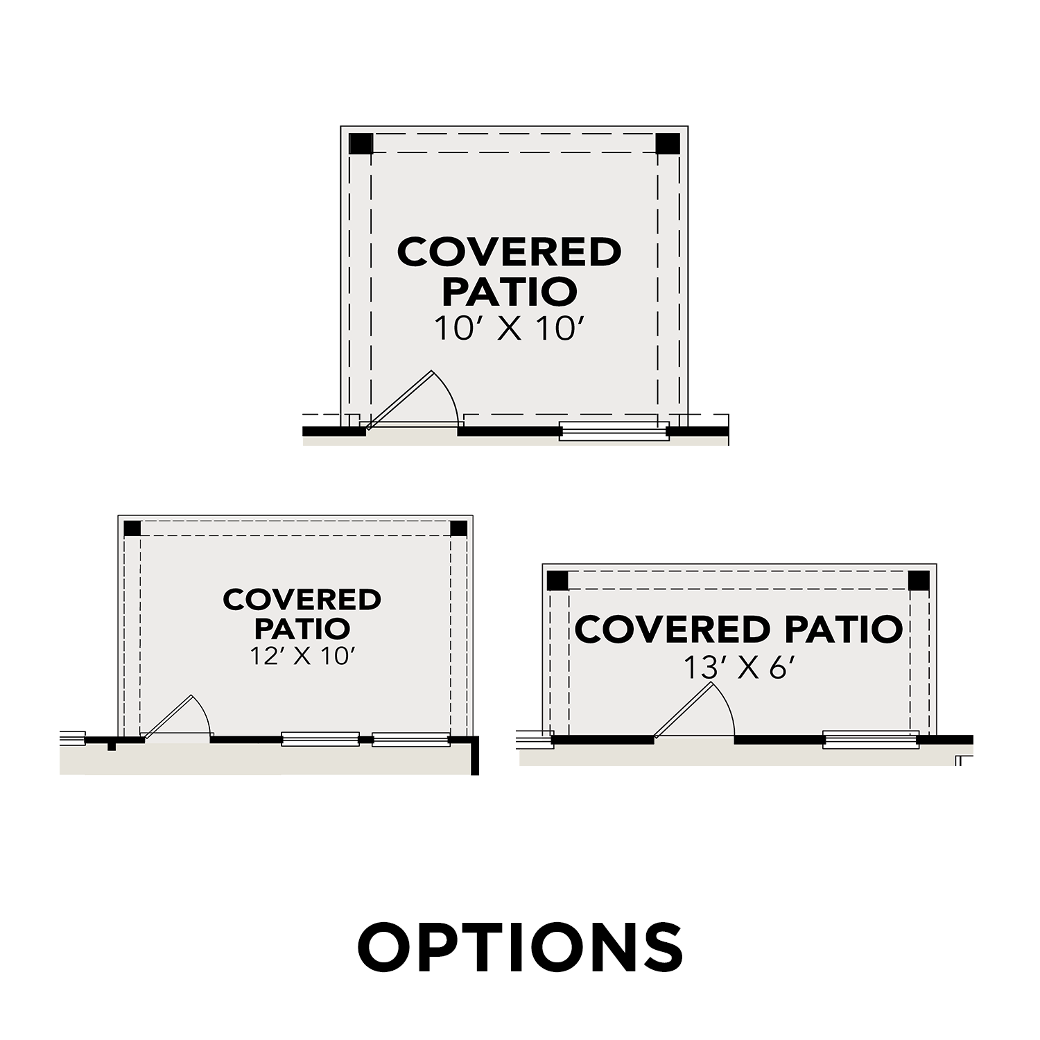 Covered patio options for The Trinity floor plan: 10x10, 12x10, and 13x6 designs by Davidson Homes