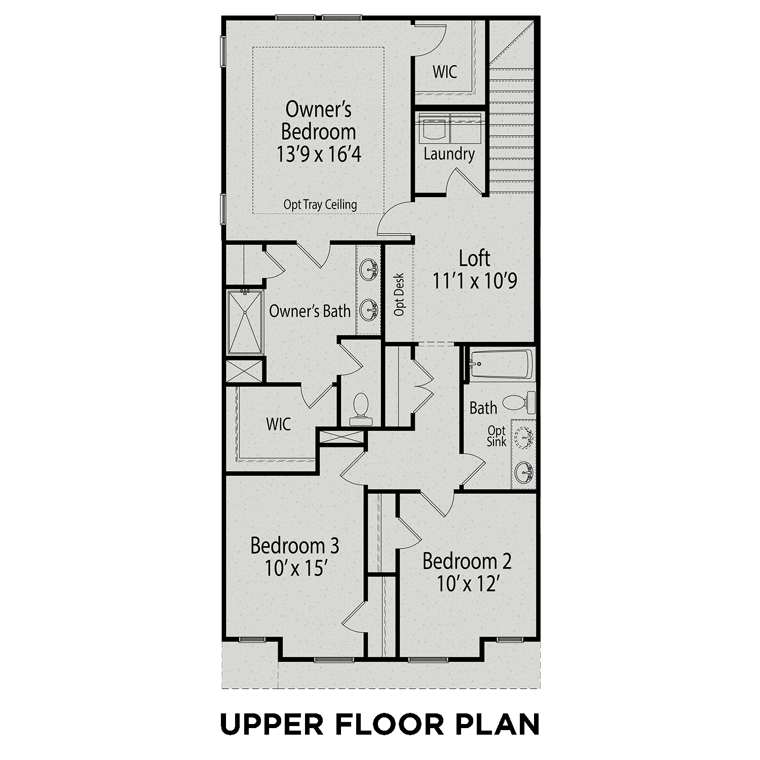 The Durham upper floor plan with 13x16 owner's suite, 11x10 loft, 10x15 bedroom 3, 10x12 bedroom 2, baths, and laundry