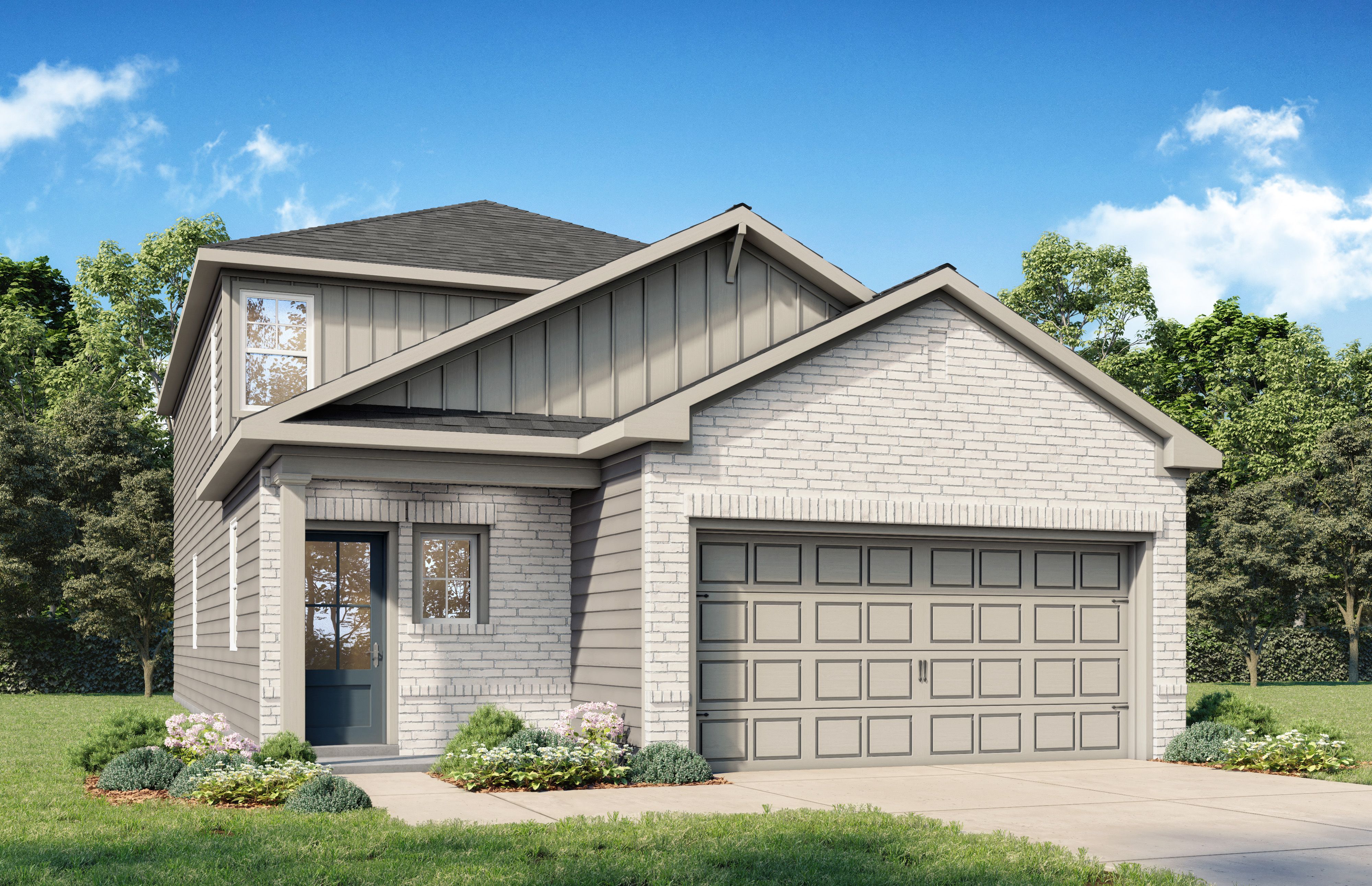Two-story Sabine F elevation by Davidson Homes in Heartland Texas, brick and composition exterior, 2-car garage, master suite on main
