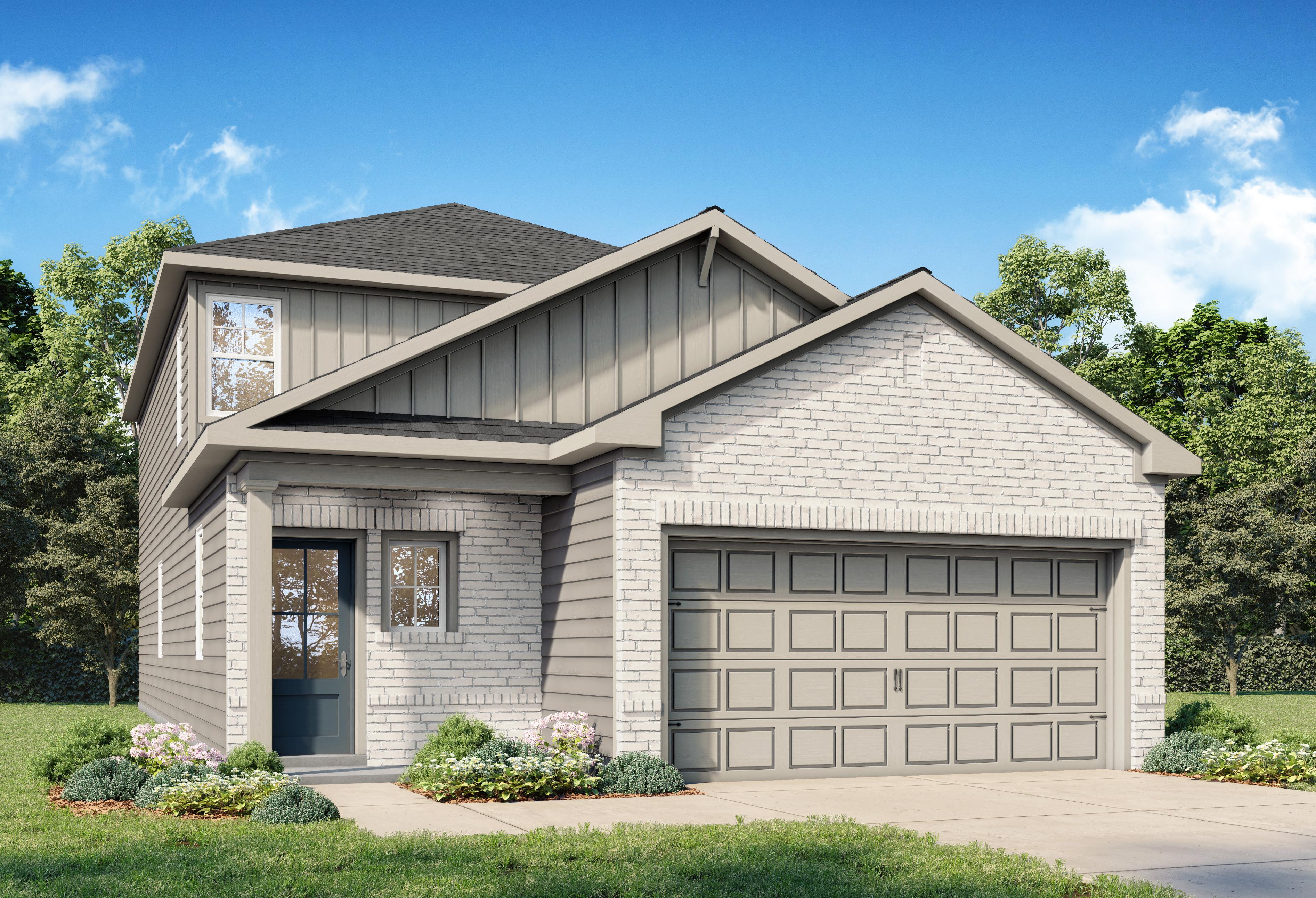 Two-story Sabine F elevation by Davidson Homes in Heartland Texas, brick and composition exterior, 2-car garage, master suite on main