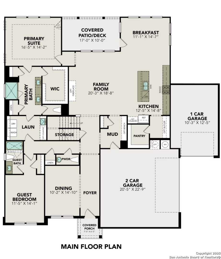 Main floor plan of The Belmont H by Davidson Homes: 4-bedroom layout with open kitchen, family room, 3-car garage in Potranco Oaks, Castroville, Texas