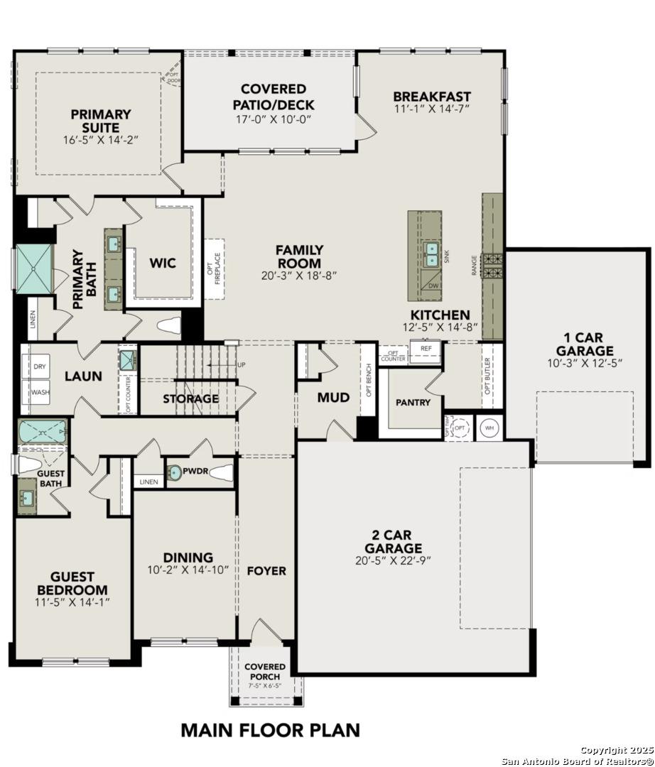 Main floor plan of The Belmont H by Davidson Homes: 4-bedroom layout with open kitchen, family room, 3-car garage in Potranco Oaks, Castroville, Texas