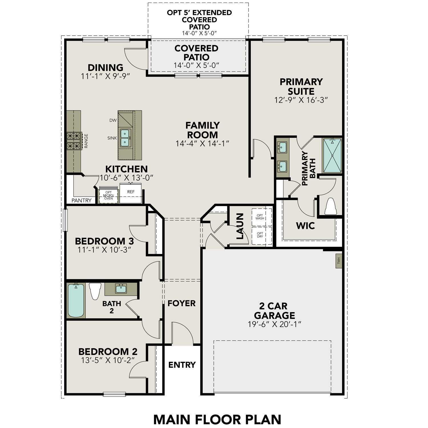 The Asheville 3-bedroom single-story floor plan with open kitchen, family room, primary suite, 2-car garage, Seguin Texas