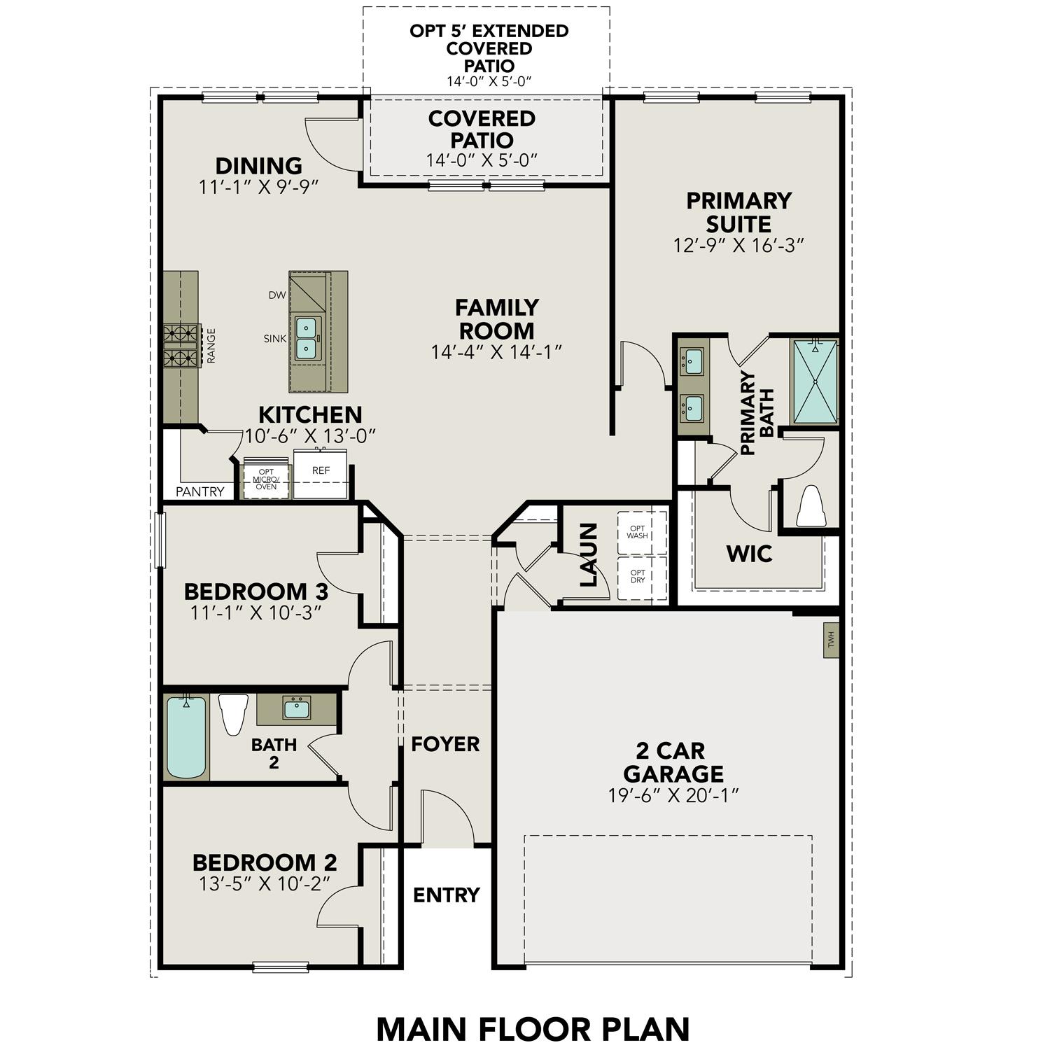 First floor plan of The Asheville showcasing open kitchen, family room, primary suite, 3 bedrooms, and 2-car garage