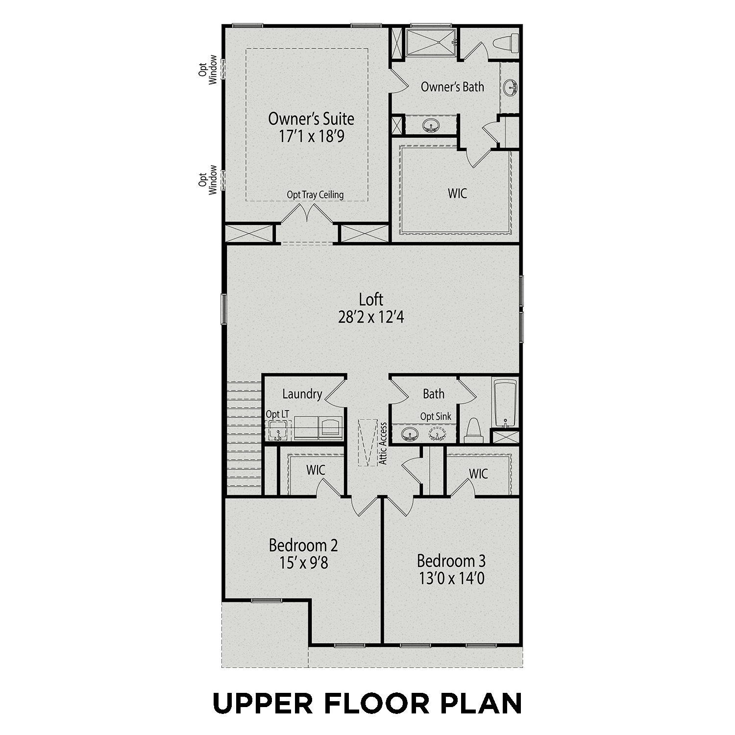 Upper floor plan of The Preston A showcasing 17x19 owner's suite, loft, bedrooms 2-3, baths, and laundry in Wendell NC home