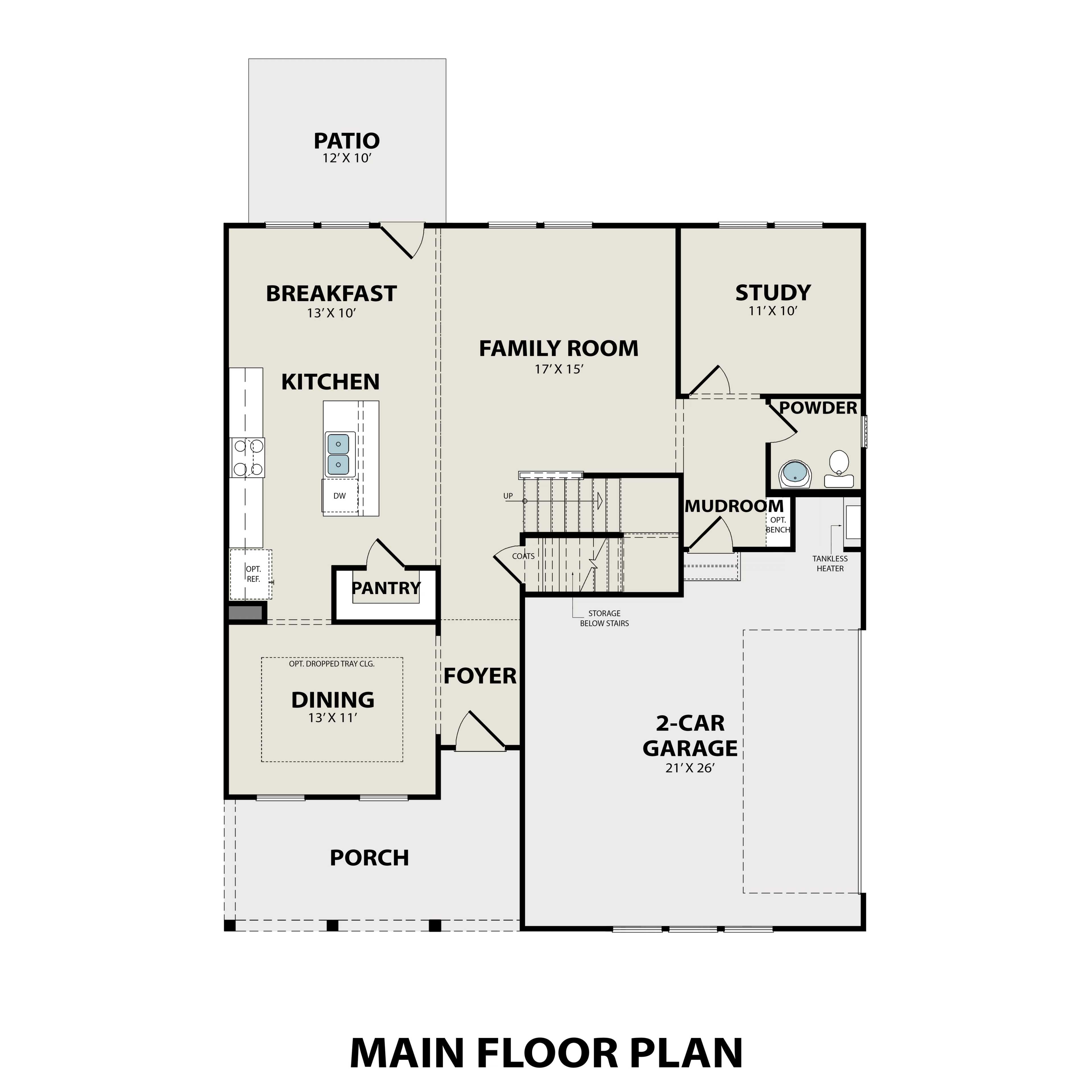 Main floor plan of The Willow D showcasing open kitchen, family room, study, dining, and 2-car garage by Davidson Homes in Mt. Juliet