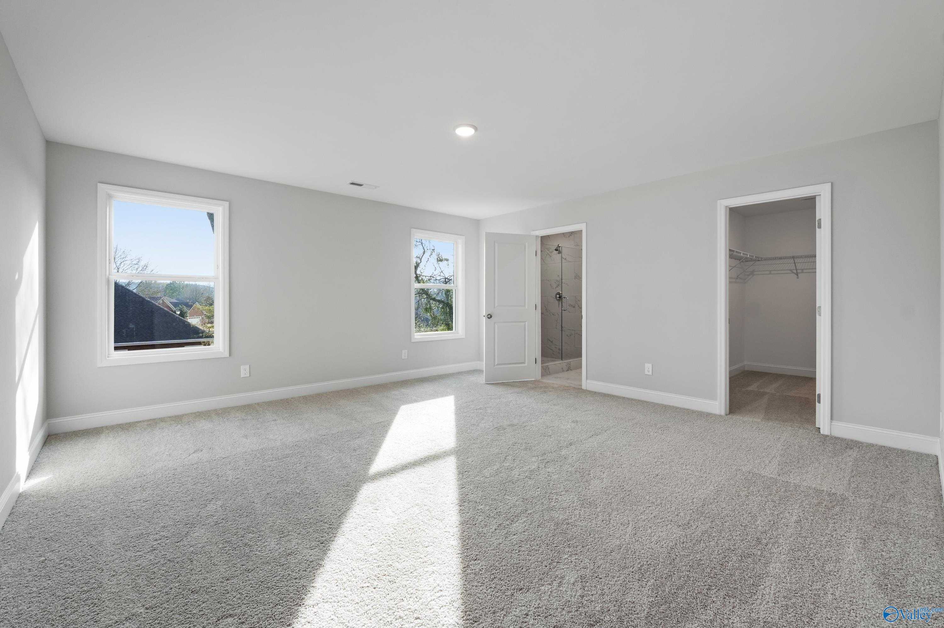 Bright master bedroom with gray walls, carpet floor, walk-in closet, en-suite bath, and scenic hill views in Davidson Homes The Camden B, Huntsville