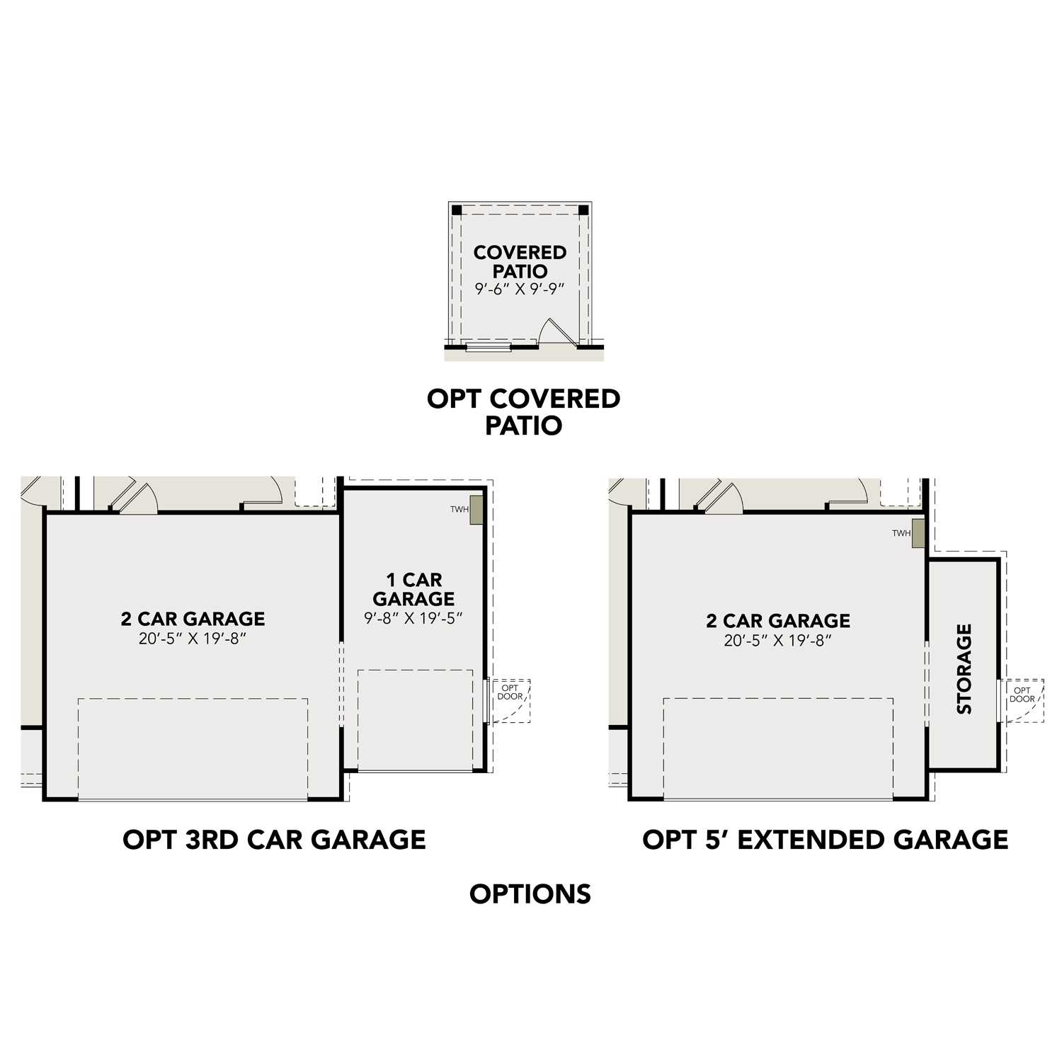 The Blanco 2-car garage floor plan options with 3rd car extension, storage, and covered patio layout