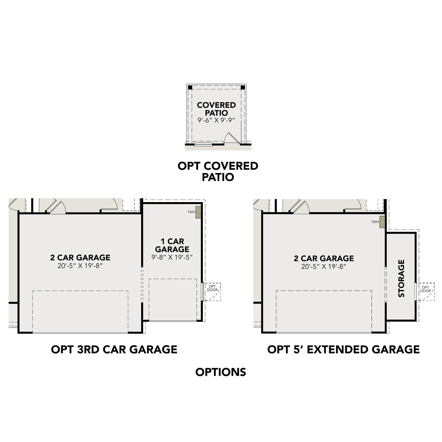 The Blanco 2-car garage floor plan options with 3rd car extension, storage, and covered patio layout