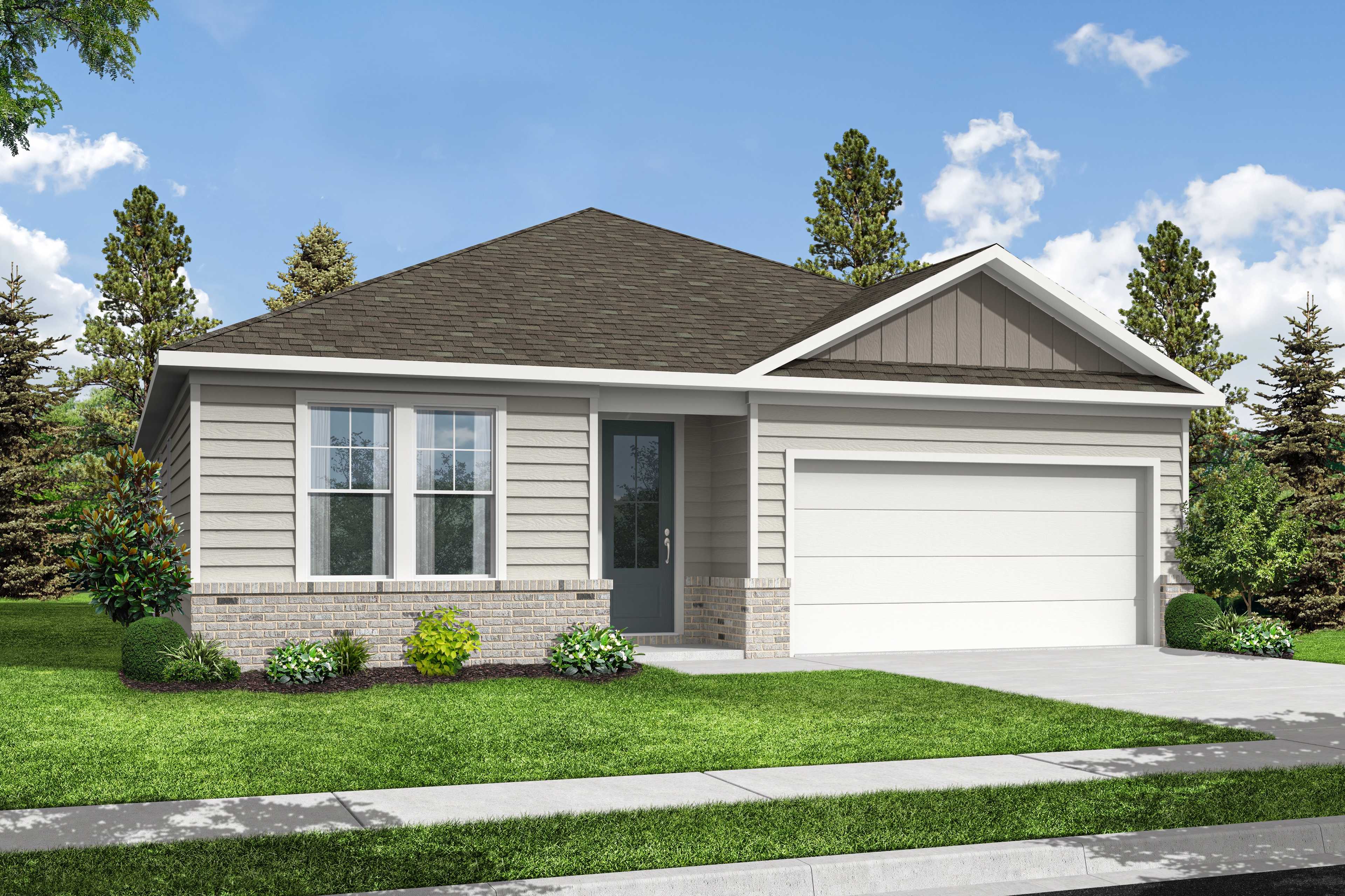 Two-story The Daphne C home elevation by Davidson Homes: beige siding, brick accents, two-car garage, landscaped yard, pine trees, Loganville GA