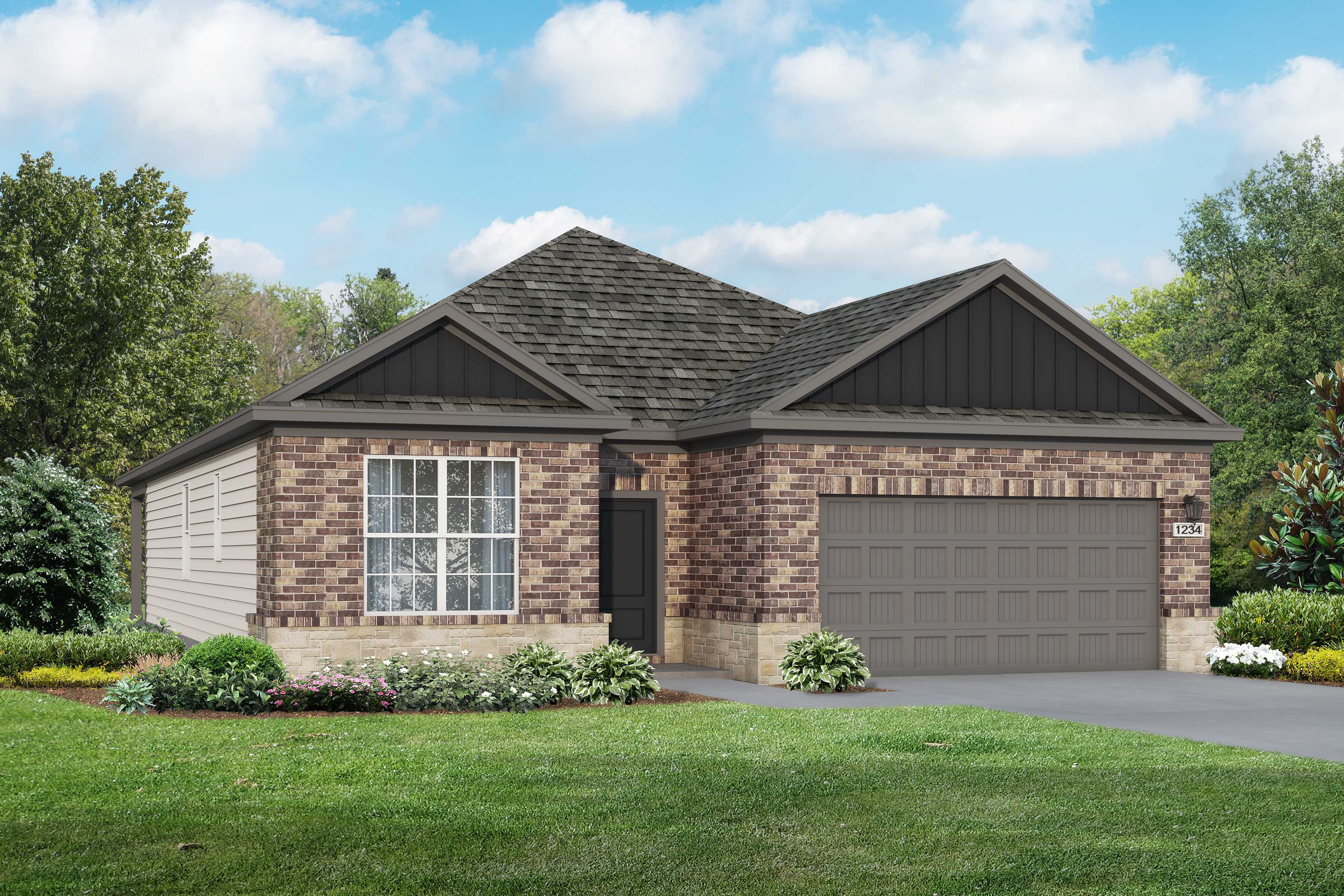 Modern single-story Everett D home elevation with brick and siding facade, two-car garage, and lush landscaped yard