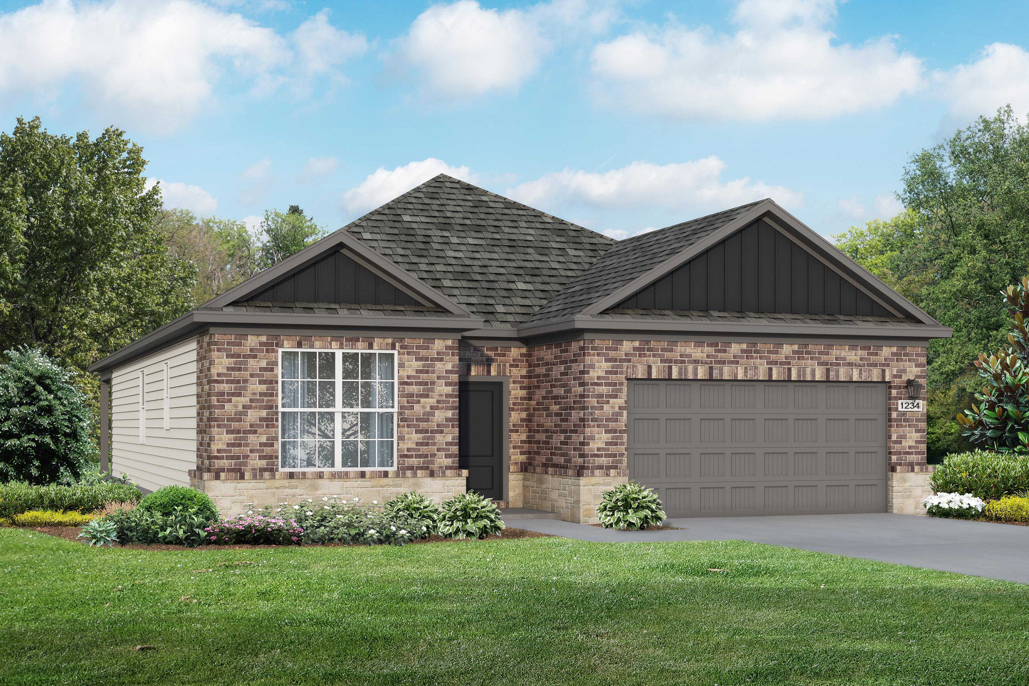 Modern single-story Everett D home elevation with brick and siding facade, two-car garage, and lush landscaped yard