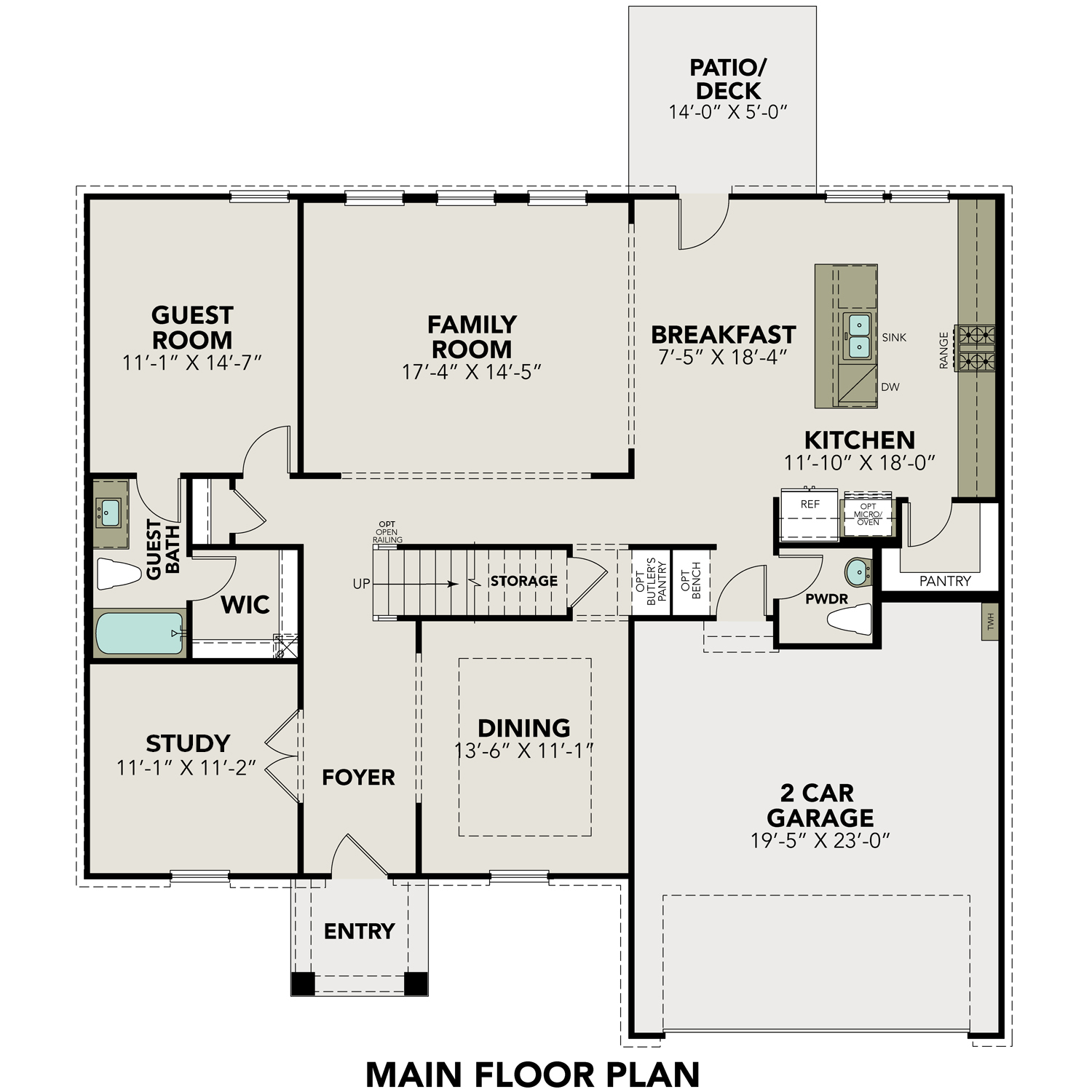 First floor plan of The Danbury showcasing open-concept kitchen, family room, study, dining, 2-car garage