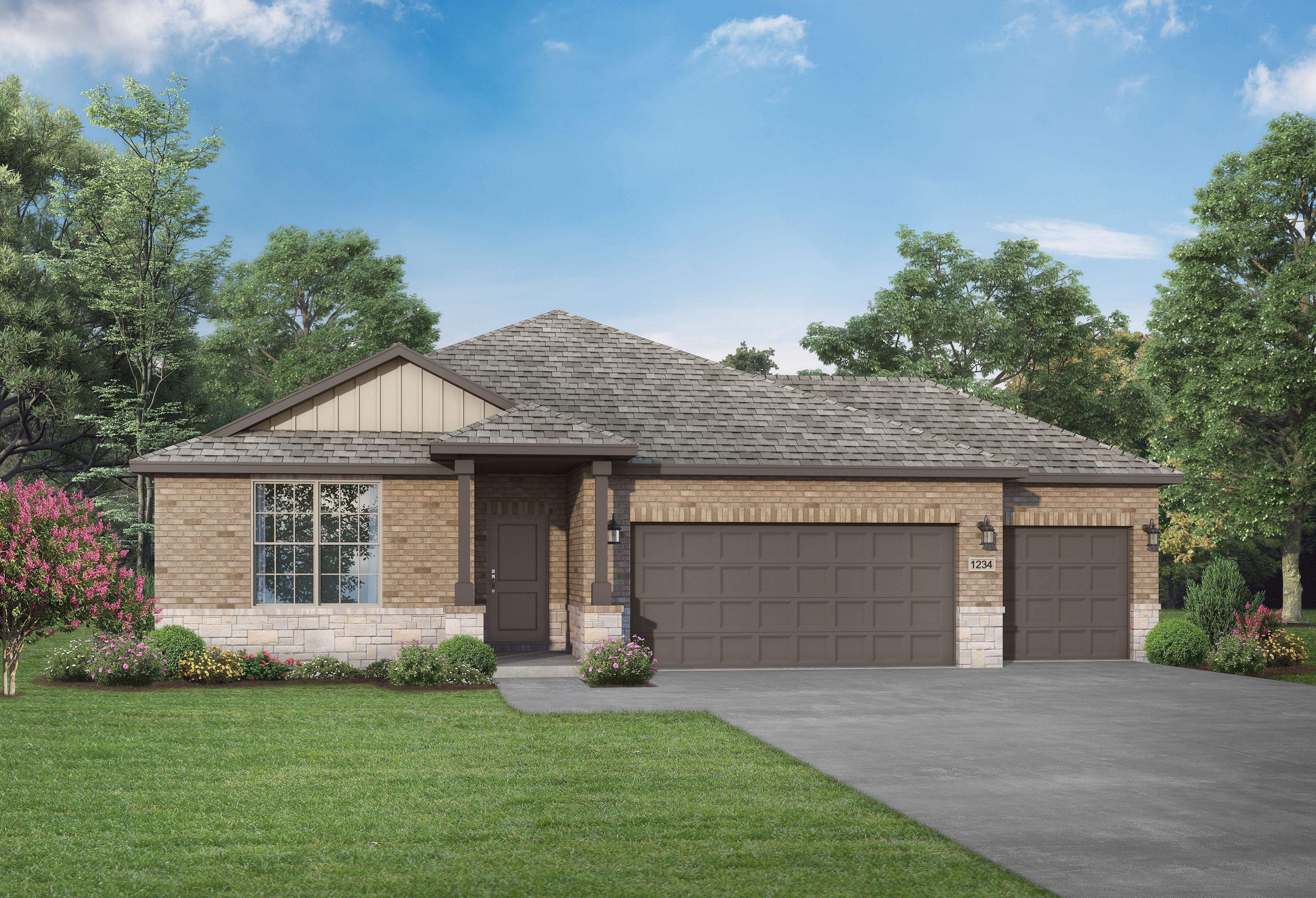 Modern single-story Daphne F home elevation with 3-car garage, brick and siding facade, landscaped yard, Dayton Texas