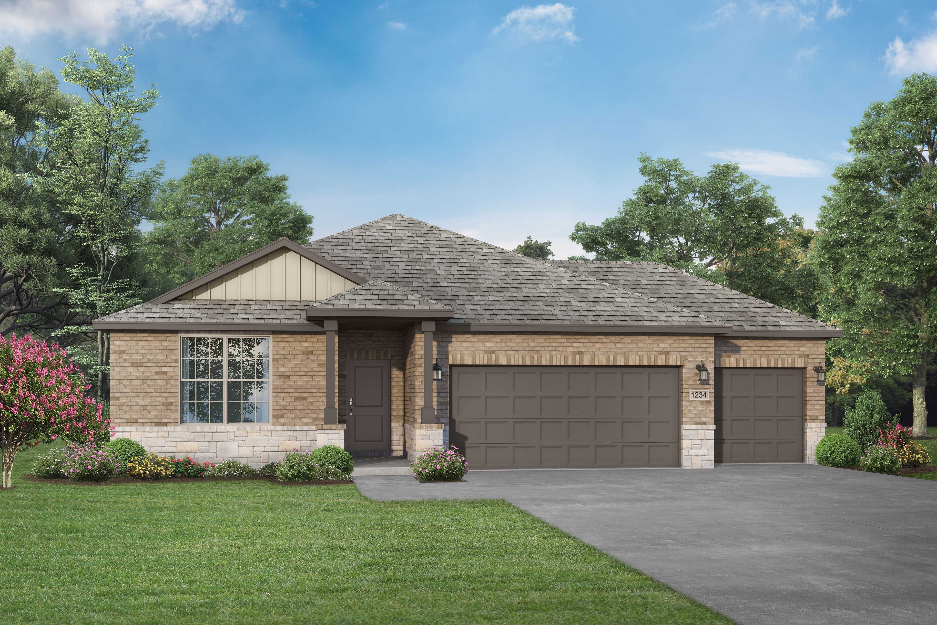 Modern single-story Daphne F home elevation with 3-car garage, brick and siding facade, landscaped yard, Dayton Texas