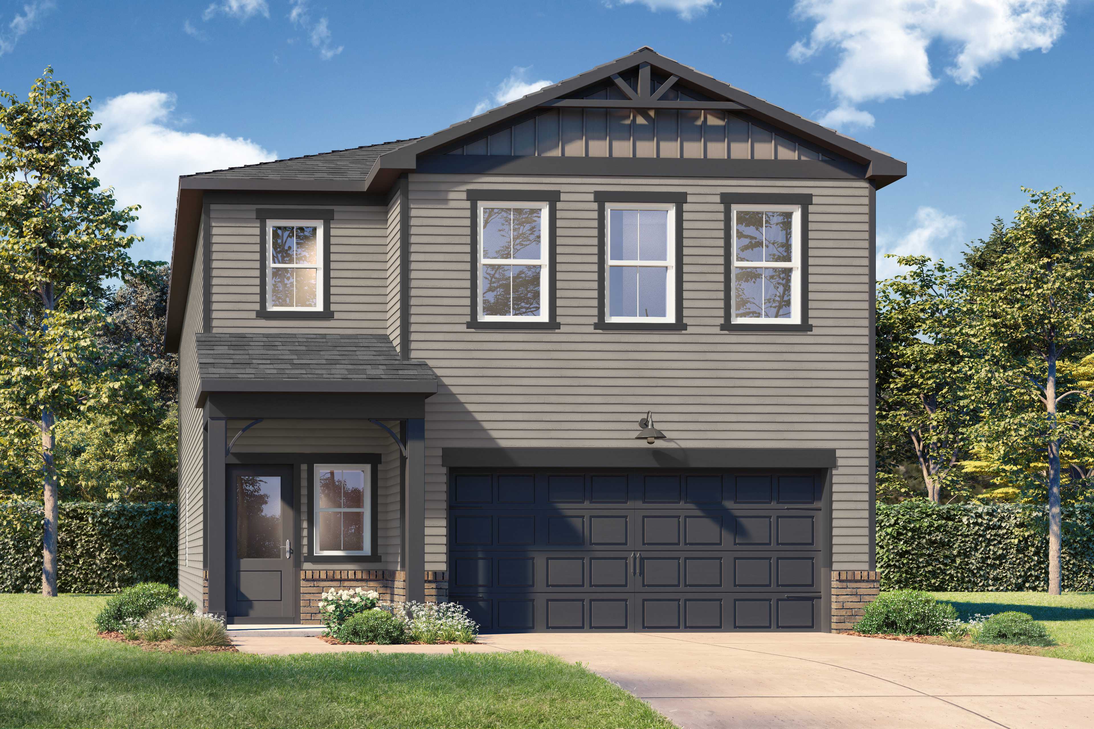 Two-story The Sinclair C home elevation with gray siding, black two-car garage, covered porch, and lush landscaping