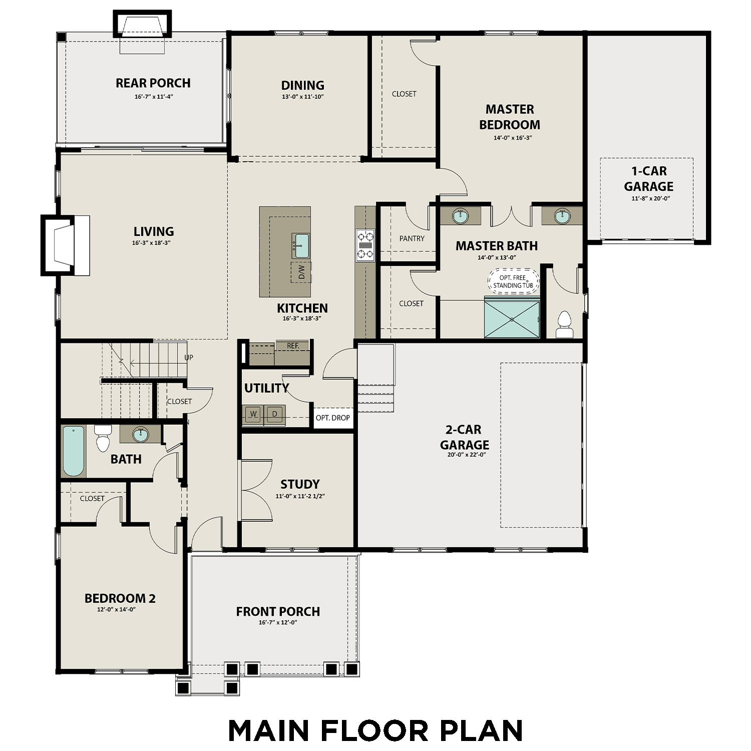 Main floor plan of The Hathaway showcasing master suite on main, open kitchen, living, dining, and 3-car garage