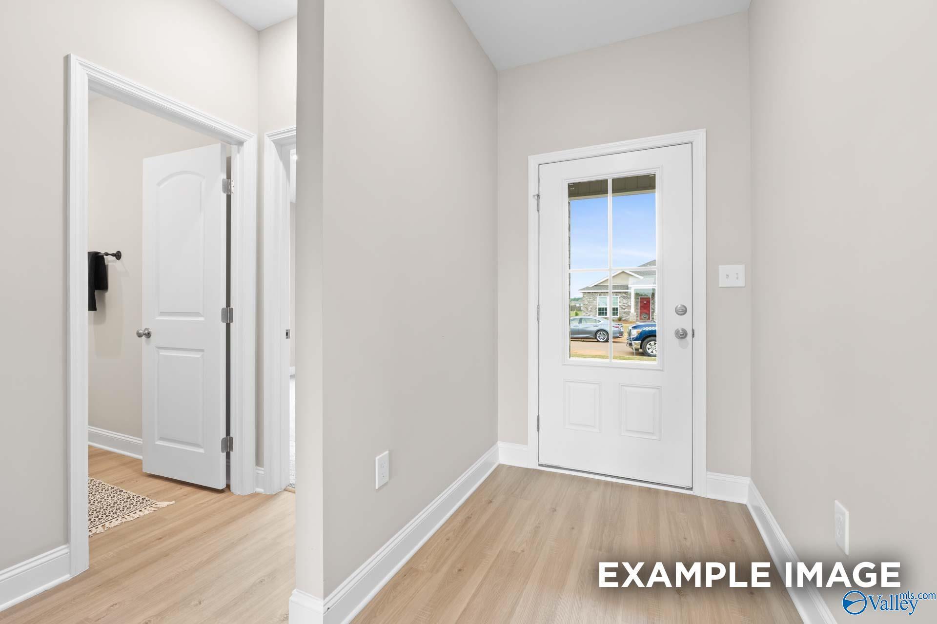 Bright entryway with glass-front door overlooking neighborhood, open interior door, hardwood floors in Asheville B home, Hazel Green
