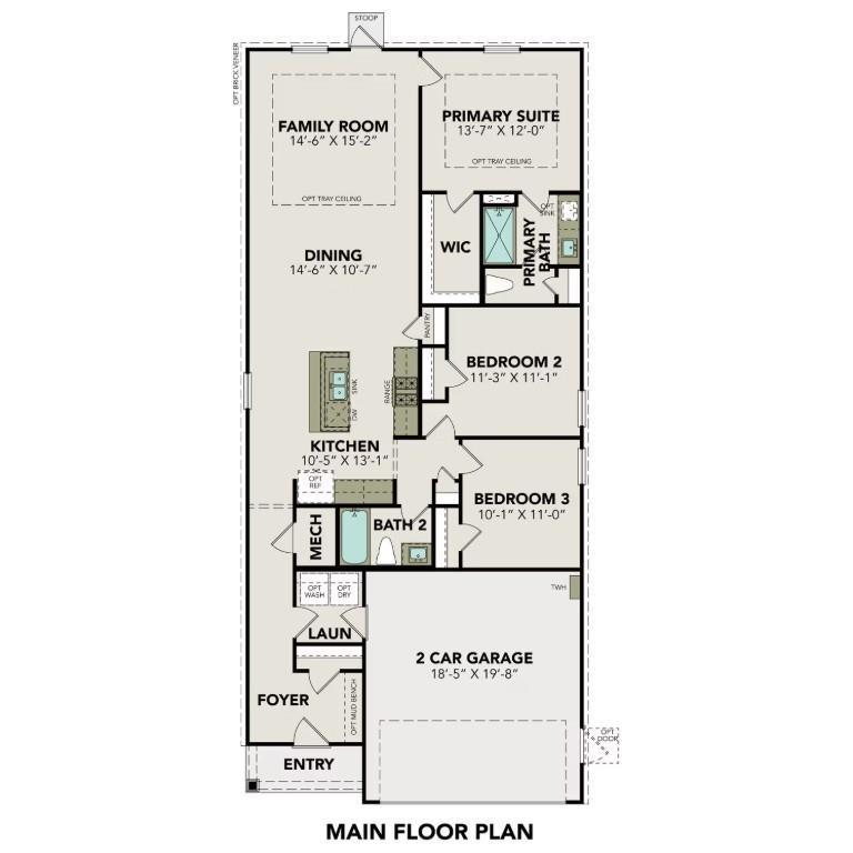 The Frio G floor plan: 3-bed, 2-bath, 1,459 sq ft single-story layout with primary suite, open kitchen, 2-car garage in Dayton, Texas