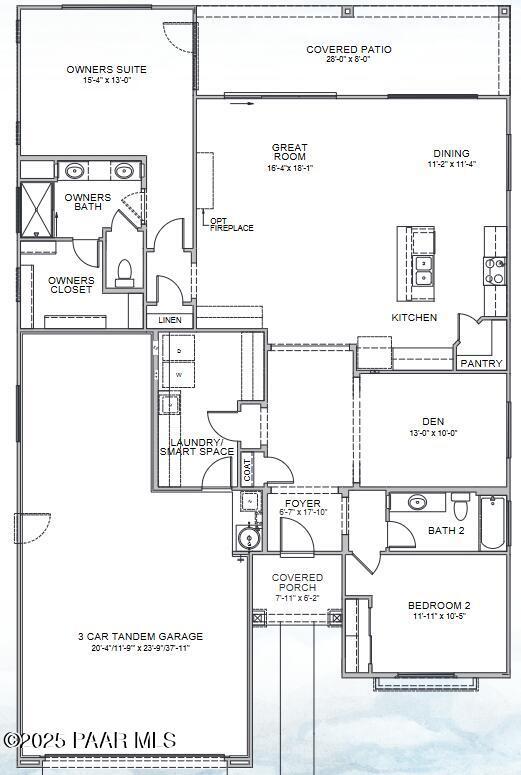Floor plan of Durango II B: 2-bed, 1-bath, 1,832 sq ft home in Westwood, Prescott, AZ with open great room, kitchen, owner's suite, 3-car garage