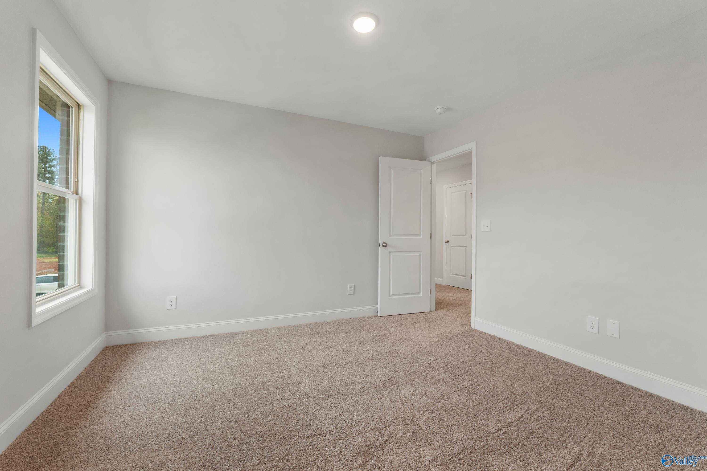 Bright secondary bedroom with beige carpet, light gray walls, and large window in Davidson Homes The Chelsea C, Harvest, Alabama
