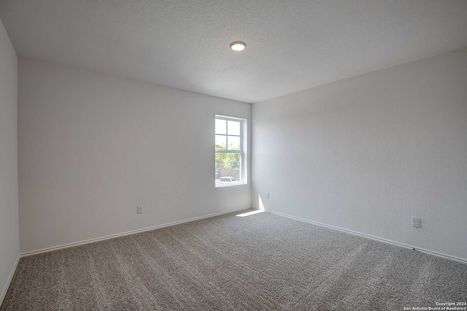 Bright empty bedroom featuring white walls, beige carpet, and large window in Davidson Homes The Douglas D, Seguin, Texas