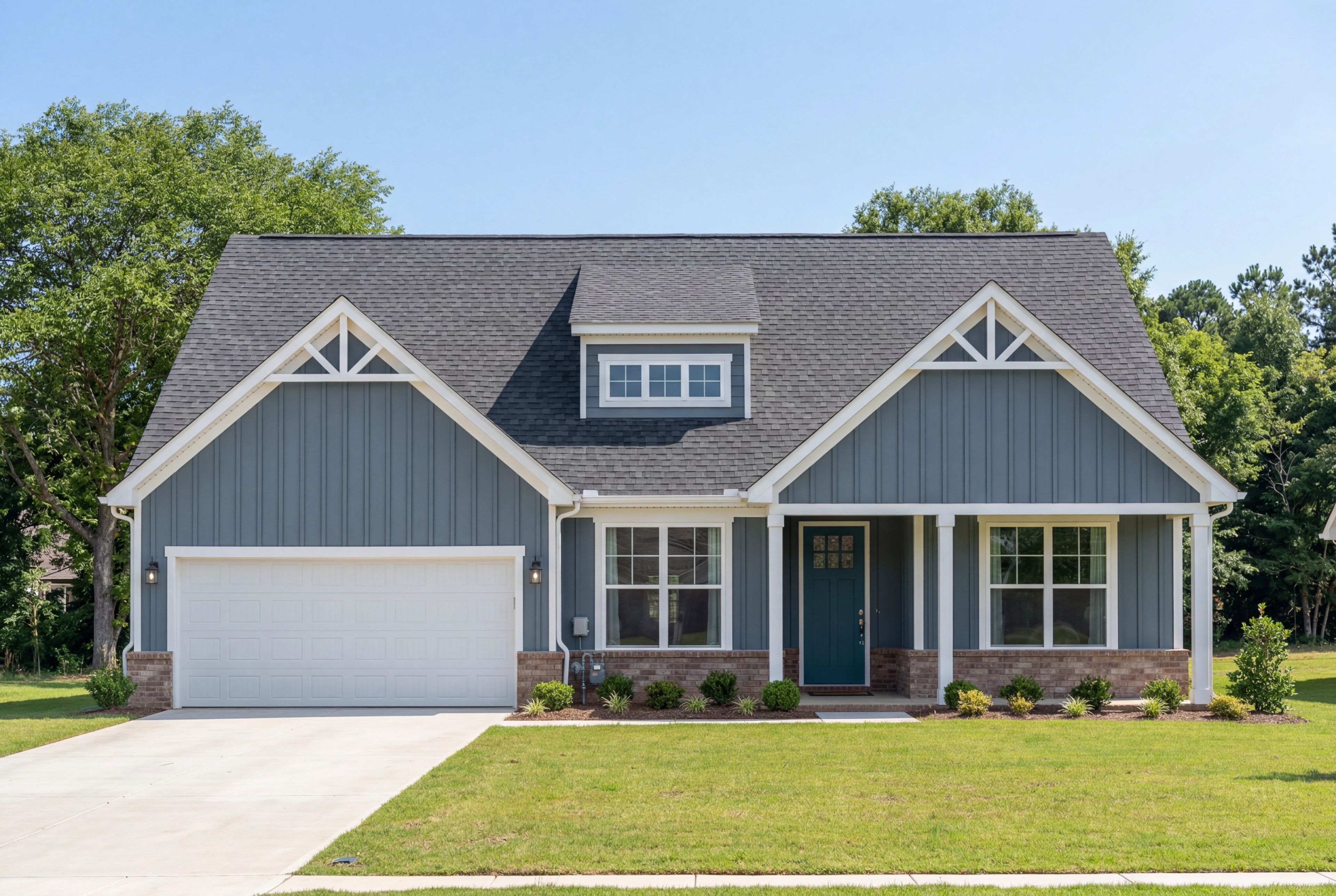 Blue vertical siding exterior elevation of The Harrison D single-family home with a 2-car garage in Cullman, Alabama.