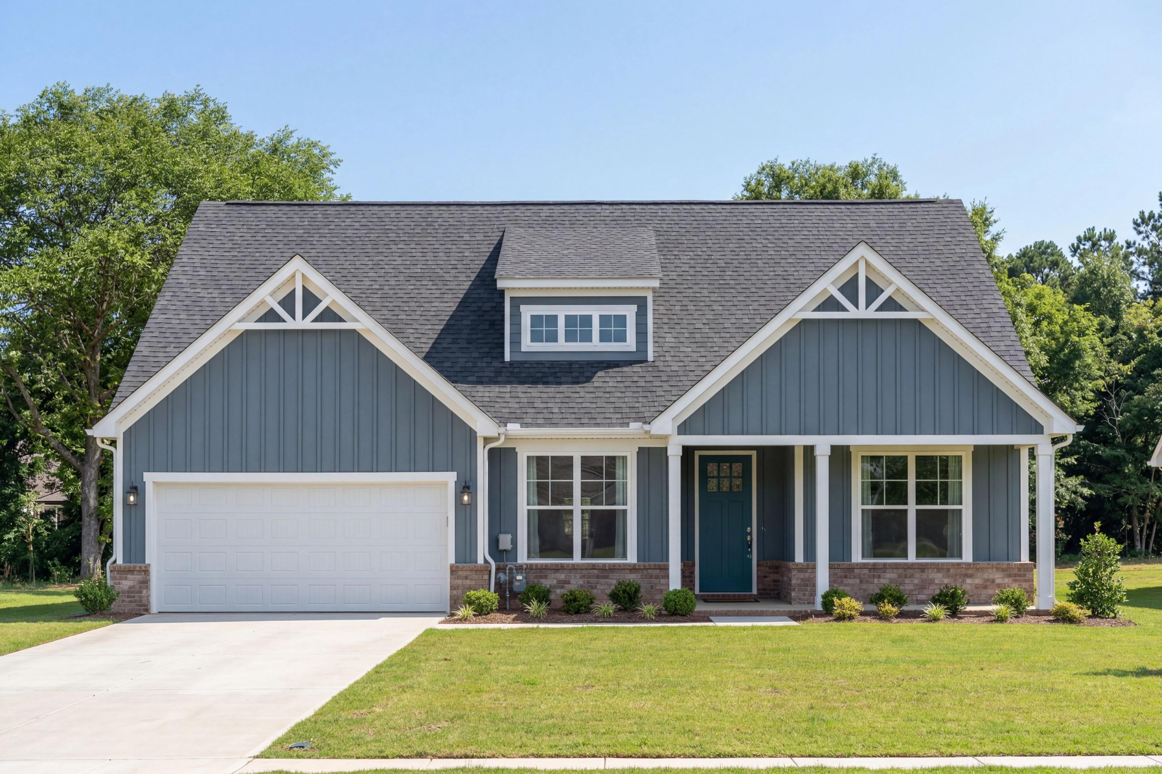 Blue vertical siding exterior elevation of The Harrison D single-family home with a 2-car garage in Cullman, Alabama.