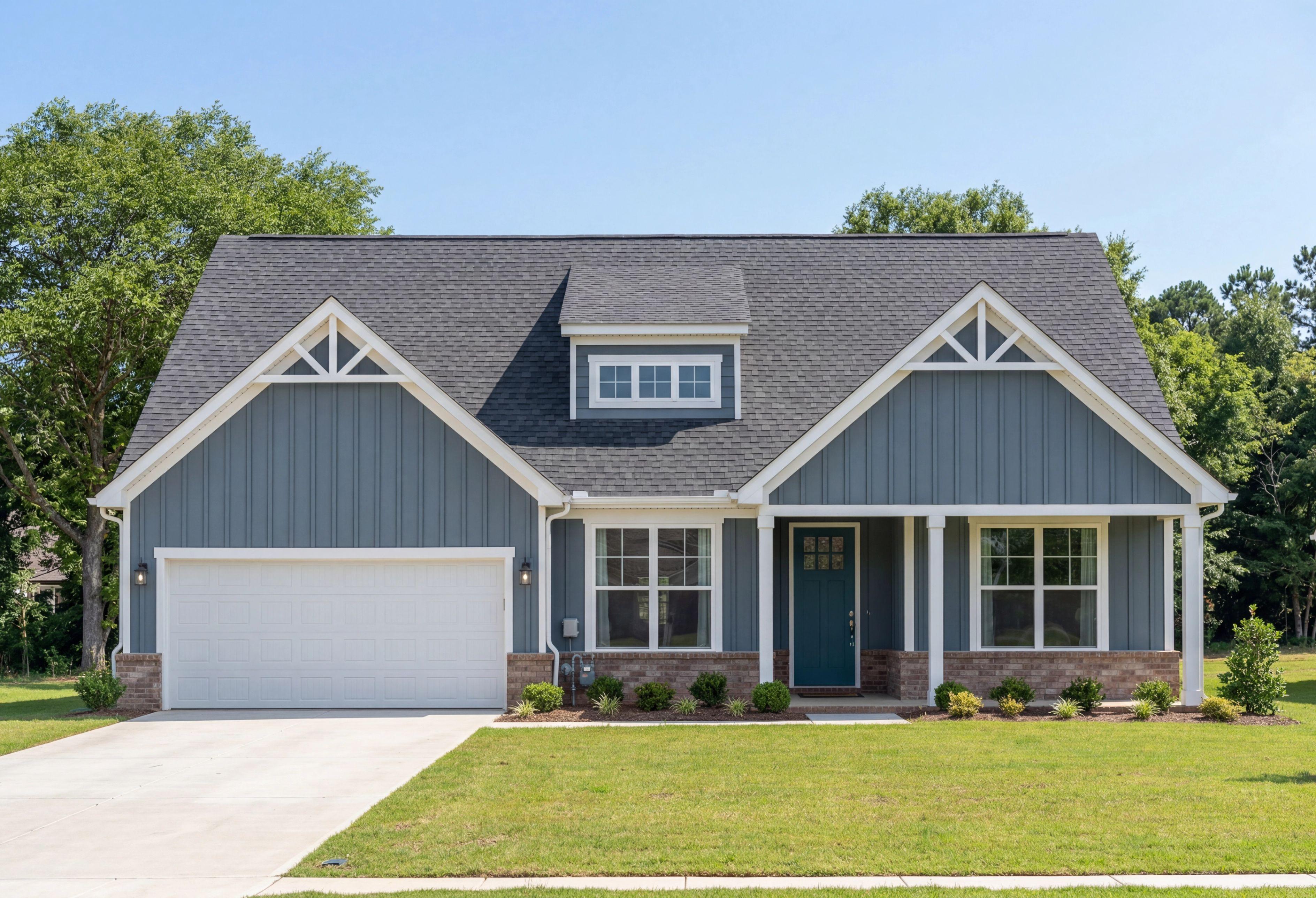 Blue vertical siding exterior elevation of The Harrison D single-family home with a 2-car garage in Cullman, Alabama.