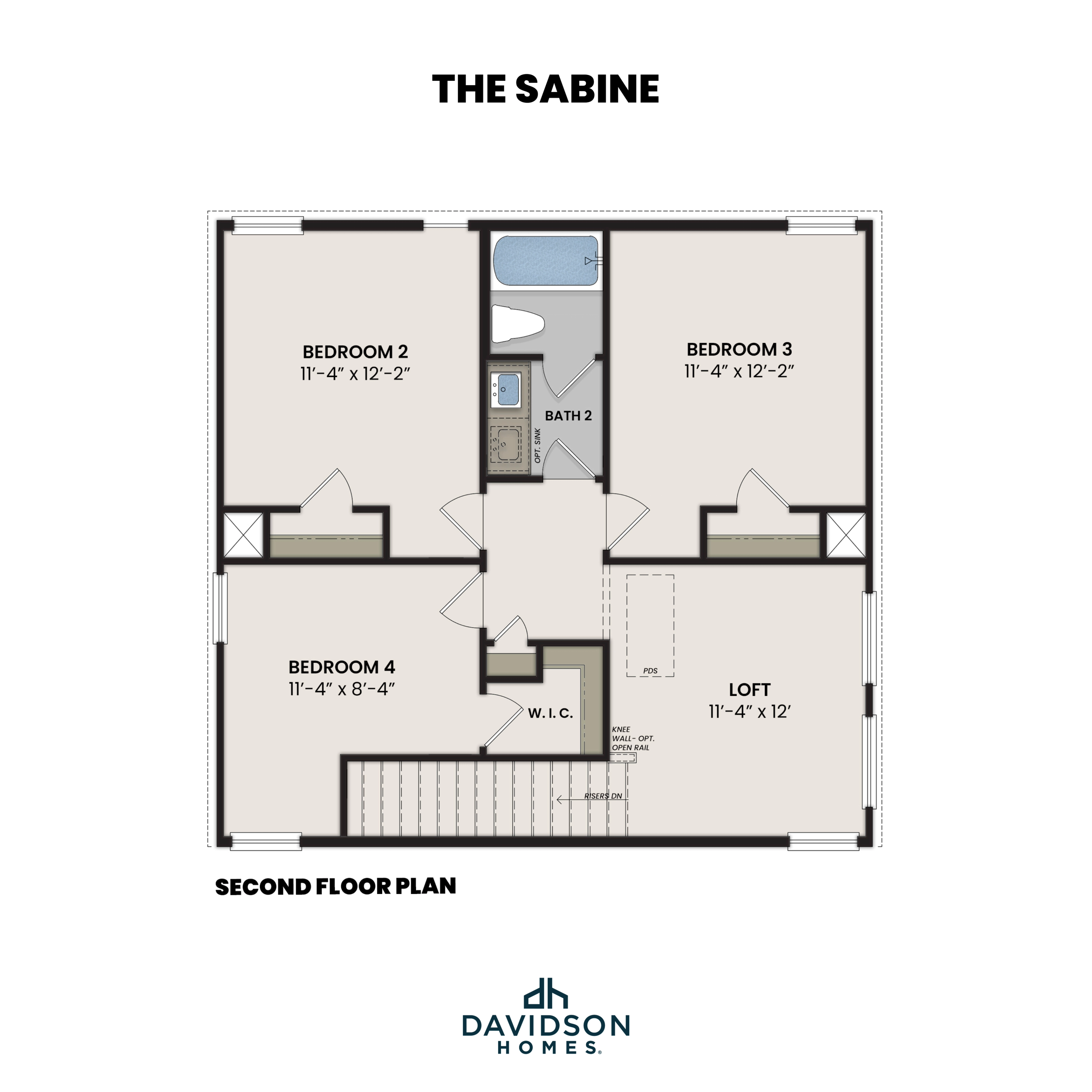 Second floor plan of The Sabine showcasing bedrooms 2, 3, 4, loft, and Bath 2 in Davidson Homes design